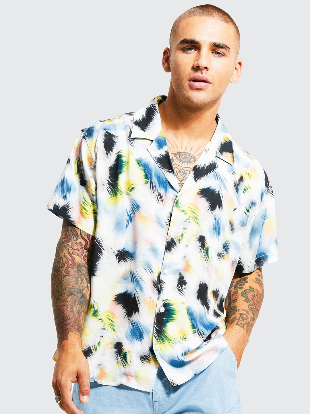 

boohooMAN Boxy Printed Casual Shirt, White