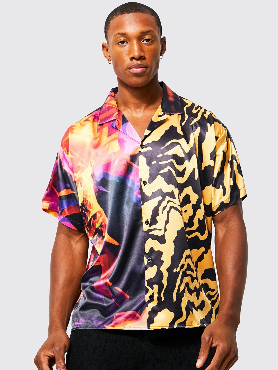 

boohooMAN Boxy Printed Satin Shirt, Yellow