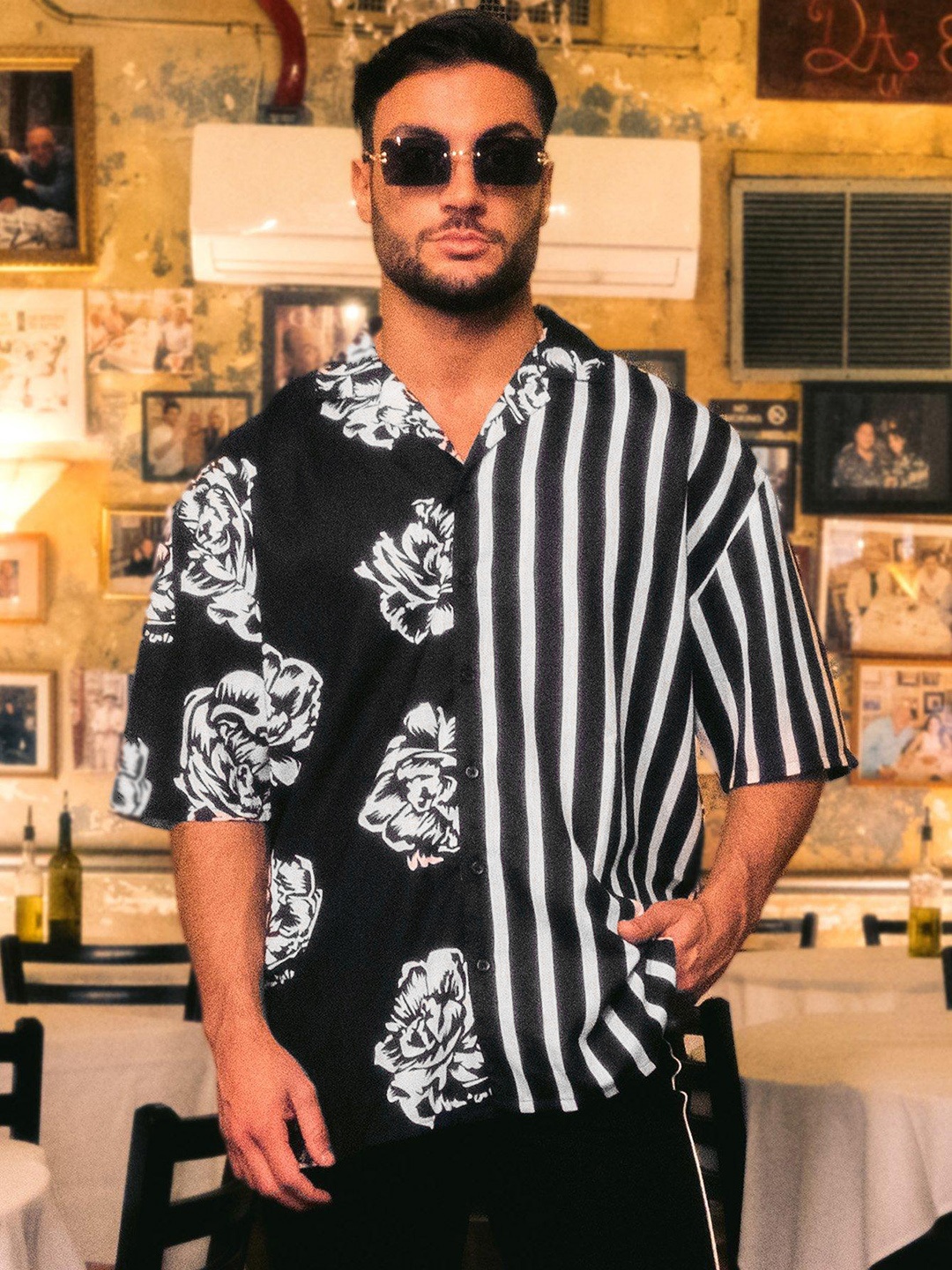 

boohooMAN Floral Printed Striped Oversized Boxy Casual Shirt, Black