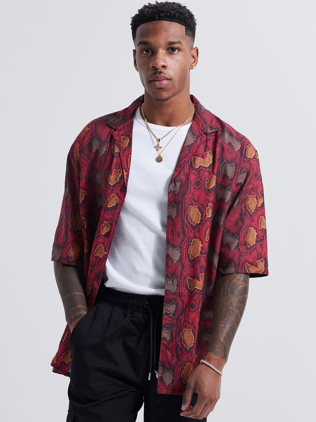 

boohooMAN Snake Skin Printed Casual Shirt, Maroon