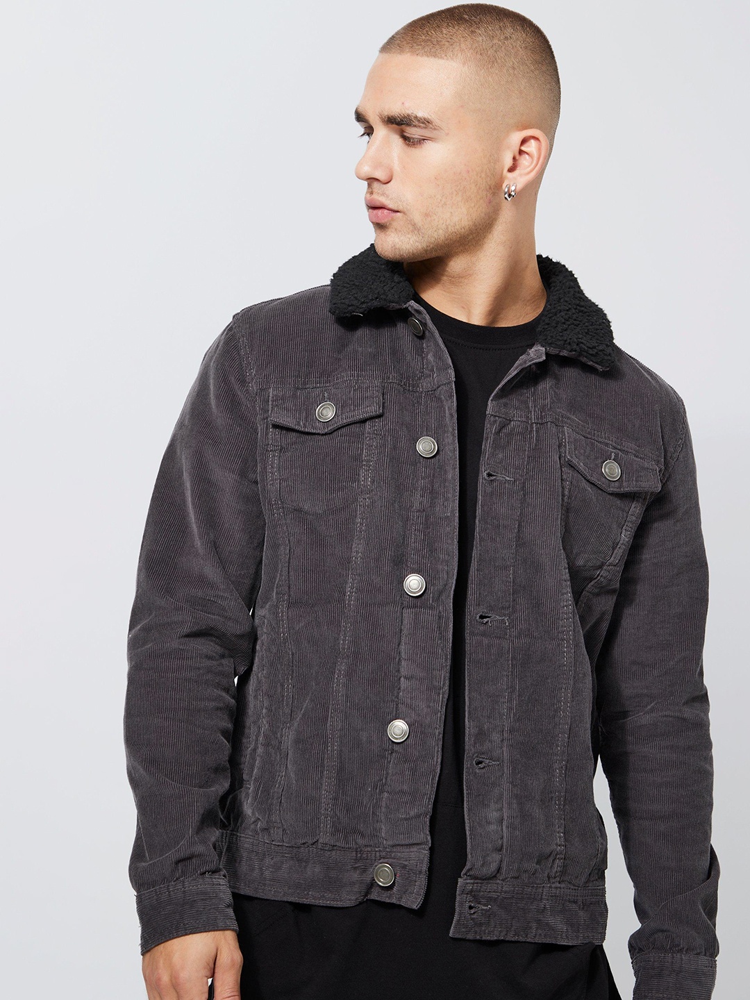 

boohooMAN Faux Fur Detail Cotton Corduroy Tailored Jacket, Black
