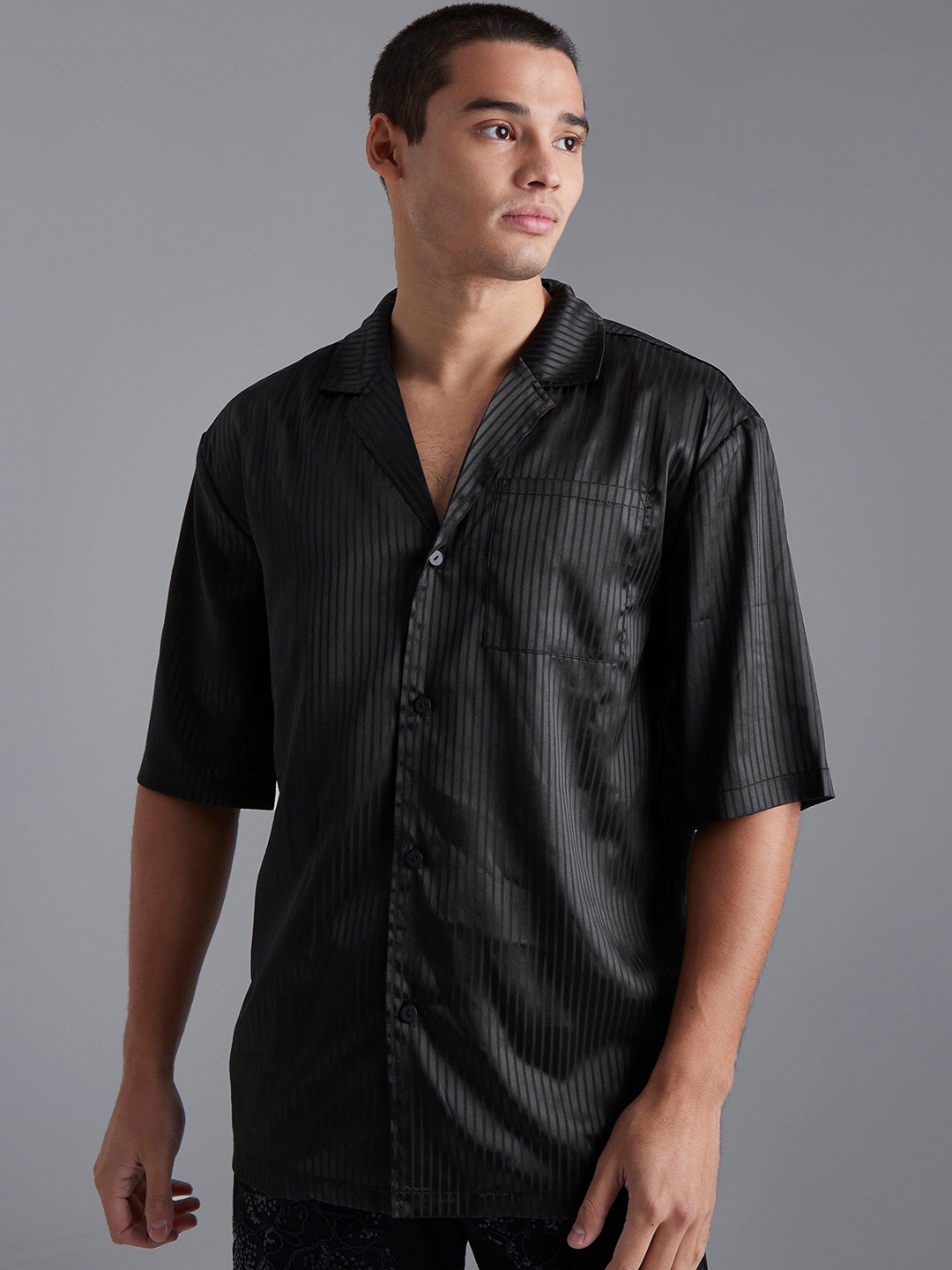 

boohooMAN Satin Striped Casual Shirt, Black