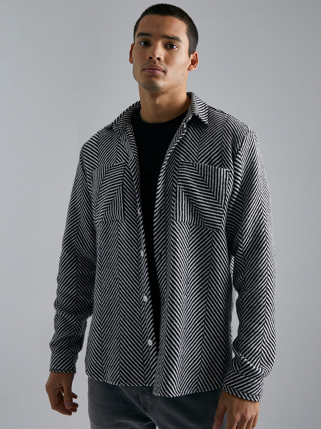 

boohooMAN Herringbone Shacket, Black