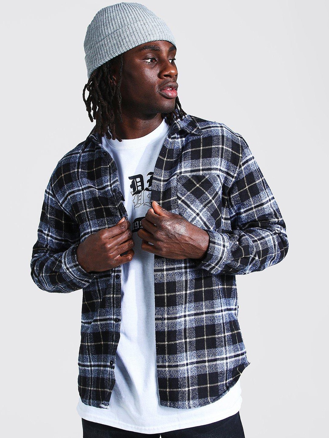 

boohooMAN Checked Pure Cotton Twill Shacket, Black