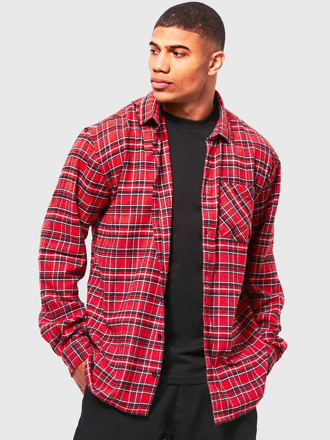 

boohooMAN Oversized Checked Casual Shacket, Red