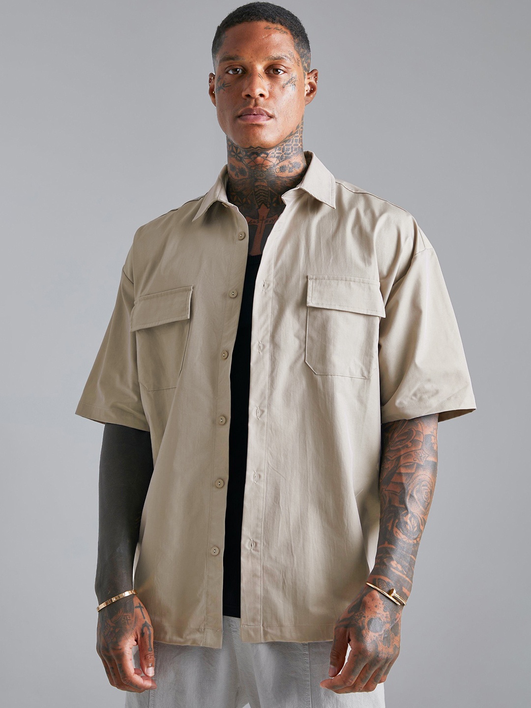 

boohooMAN Boxy Oversized Pure Cotton Casual Shirt, Grey