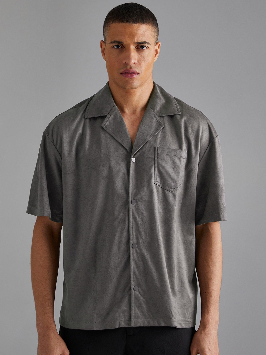 

boohooMAN Suede Boxy Casual Shirt, Charcoal