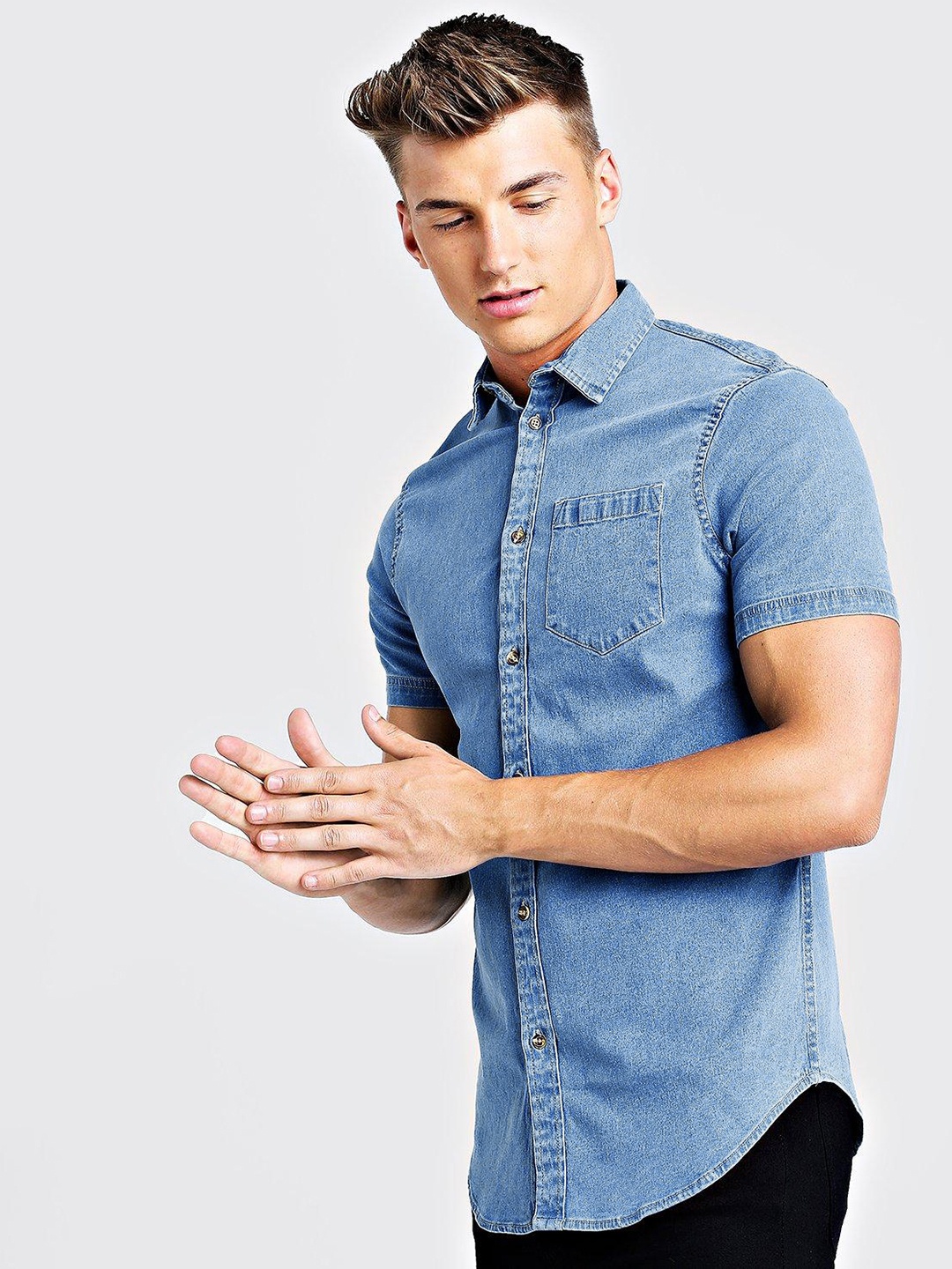 

boohooMAN Pure Cotton Denim Muscle Fit Casual Shirt, Blue