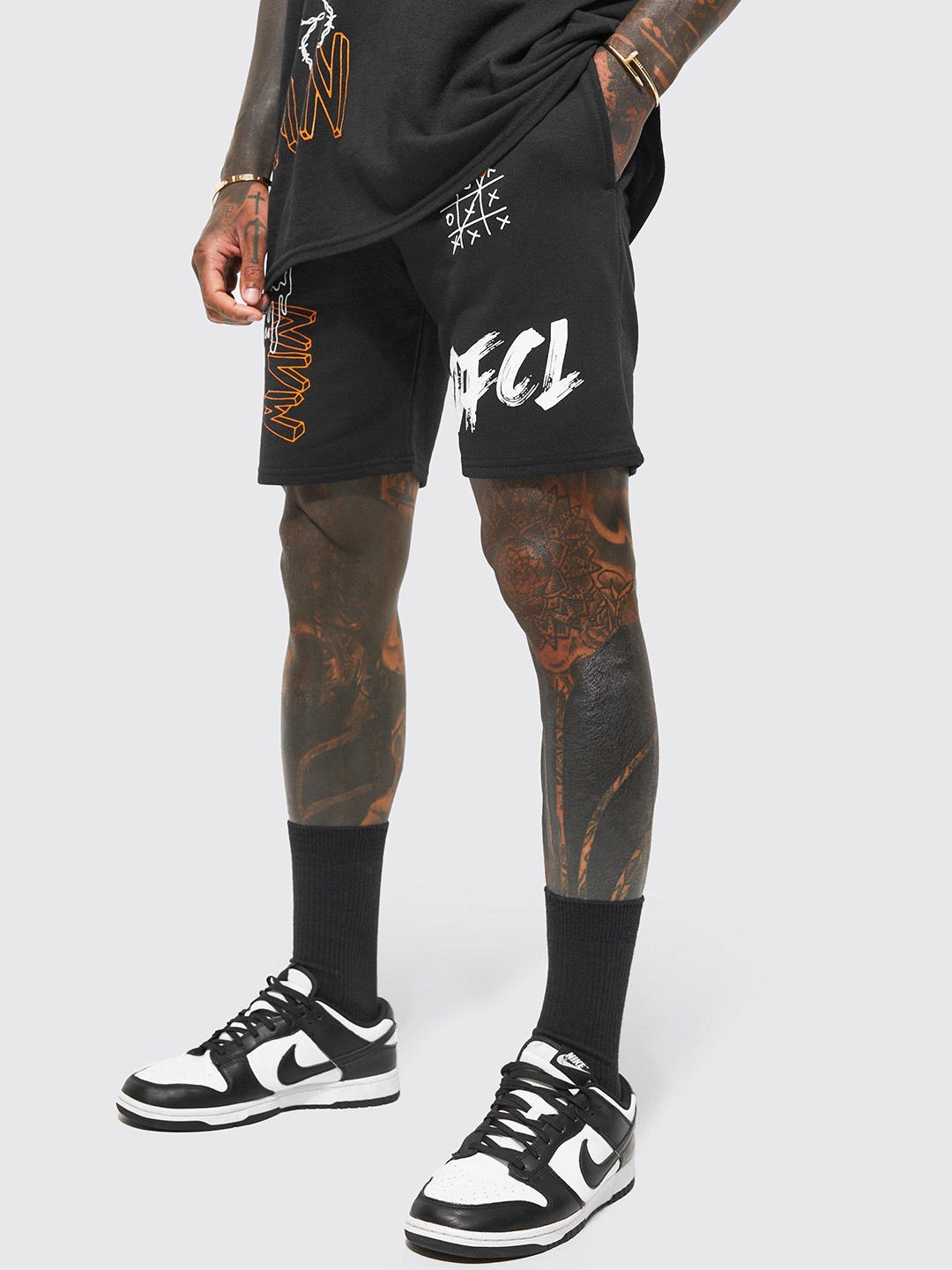 

boohooMAN Slim Fit Graffiti Print Shorts, Charcoal
