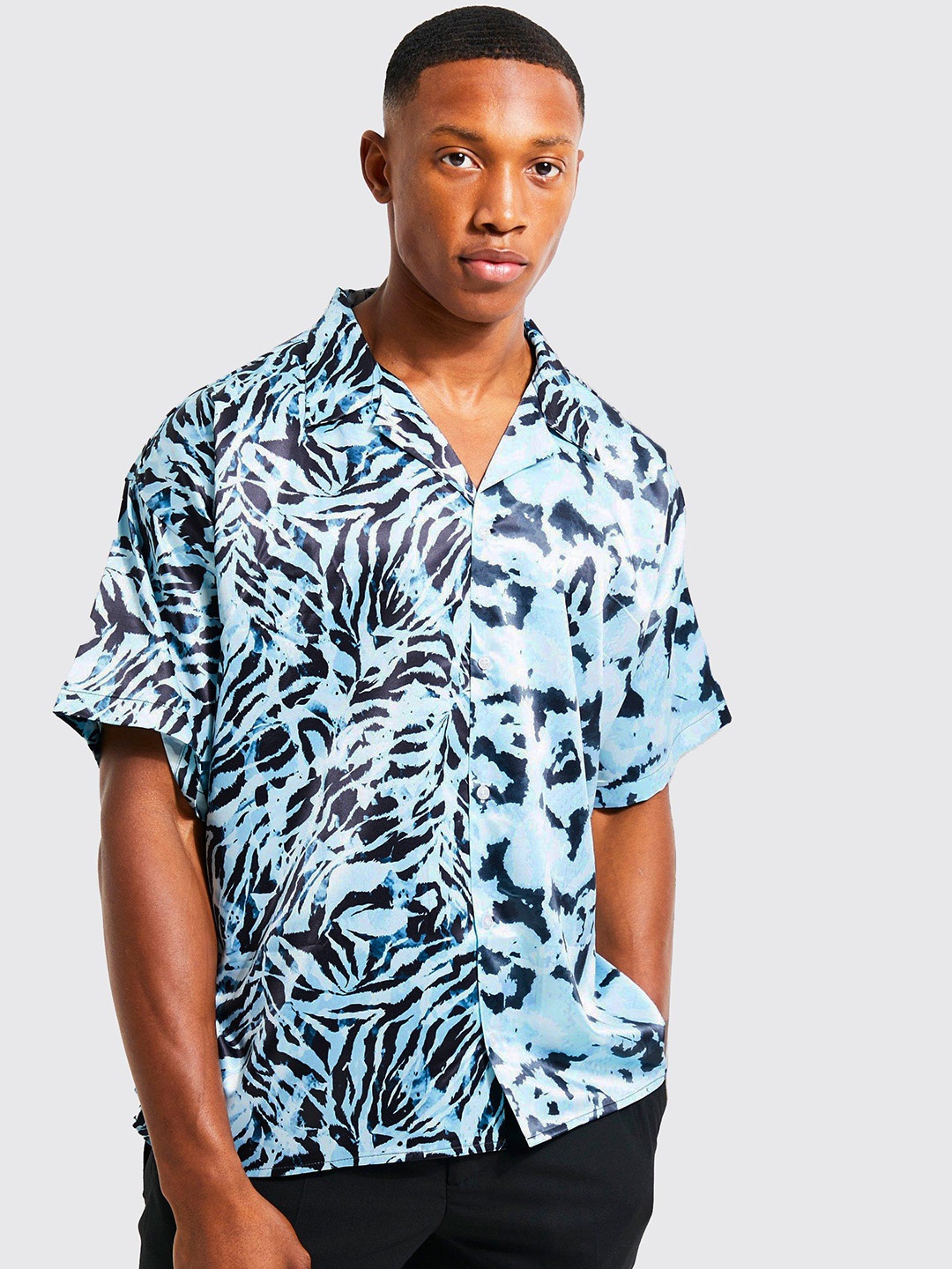 

boohooMAN Satin Finish Printed Casual Shirt, Blue