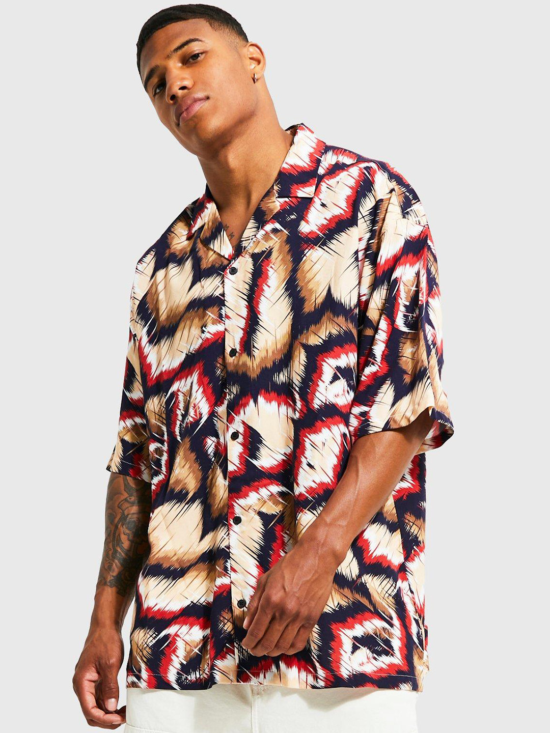

boohooMAN Oversized Boxy Printed Casual Shirt, Black