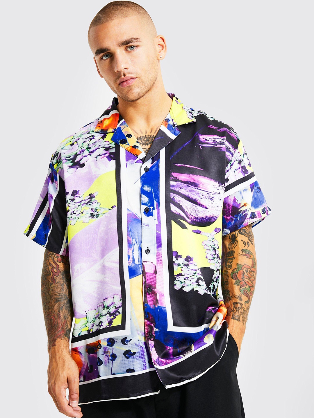 

boohooMAN Satin Printed Casual Shirt, Purple