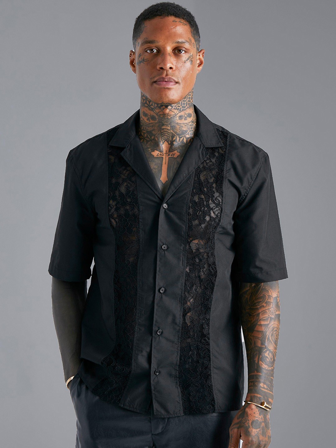 

boohooMAN Lace Inserts Casual Shirt, Black