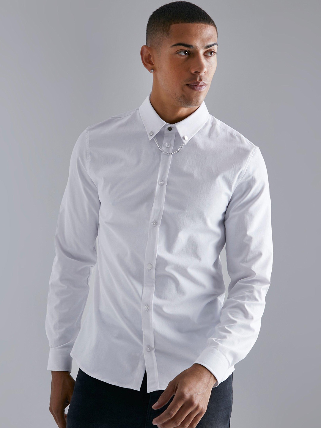 

boohooMAN Slim Fit Chain Collar Shirt, White