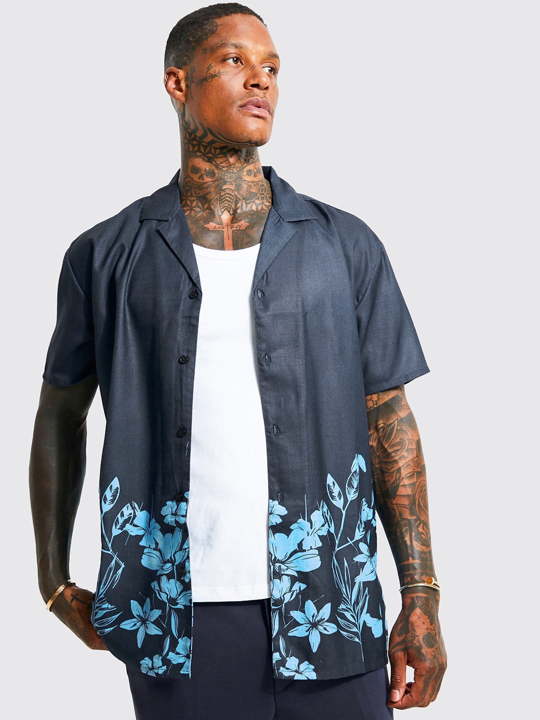 

boohooMAN Oversized Floral Printed Casual Shirt, Blue