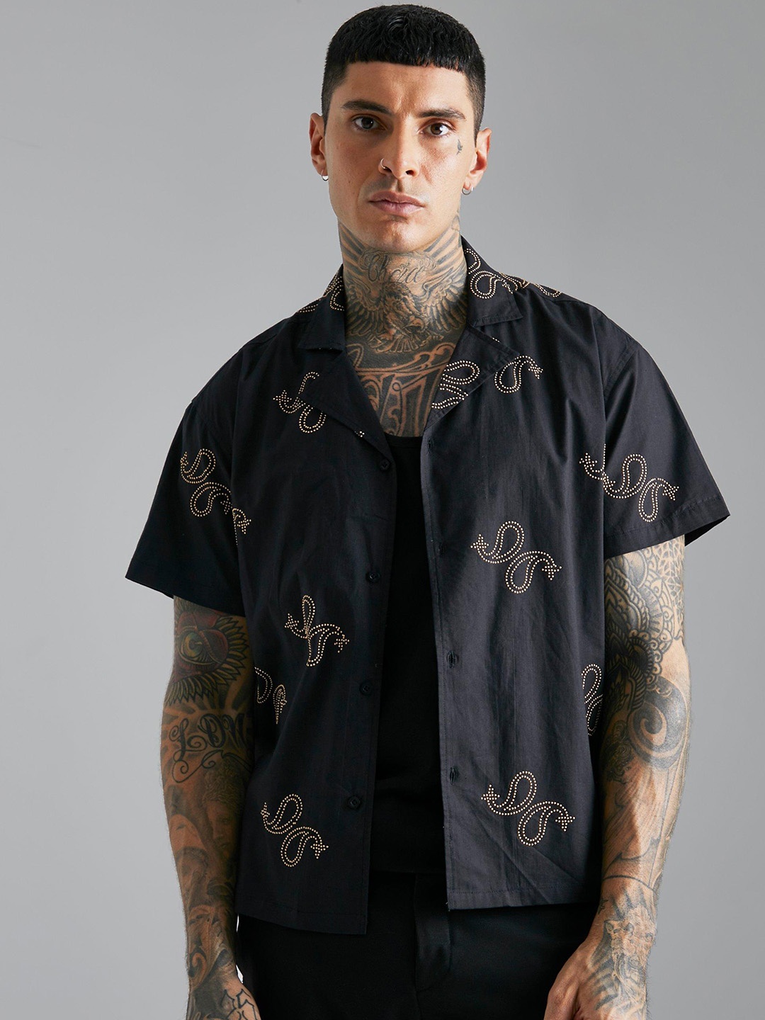 

boohooMAN Cotton Printed Casual Shirt, Black