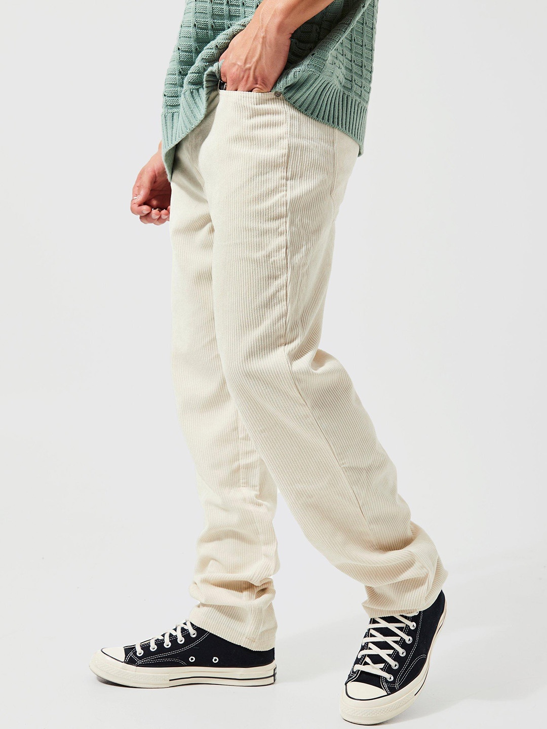 

boohooMAN Relaxed Fit Corduroy Trousers, Off white