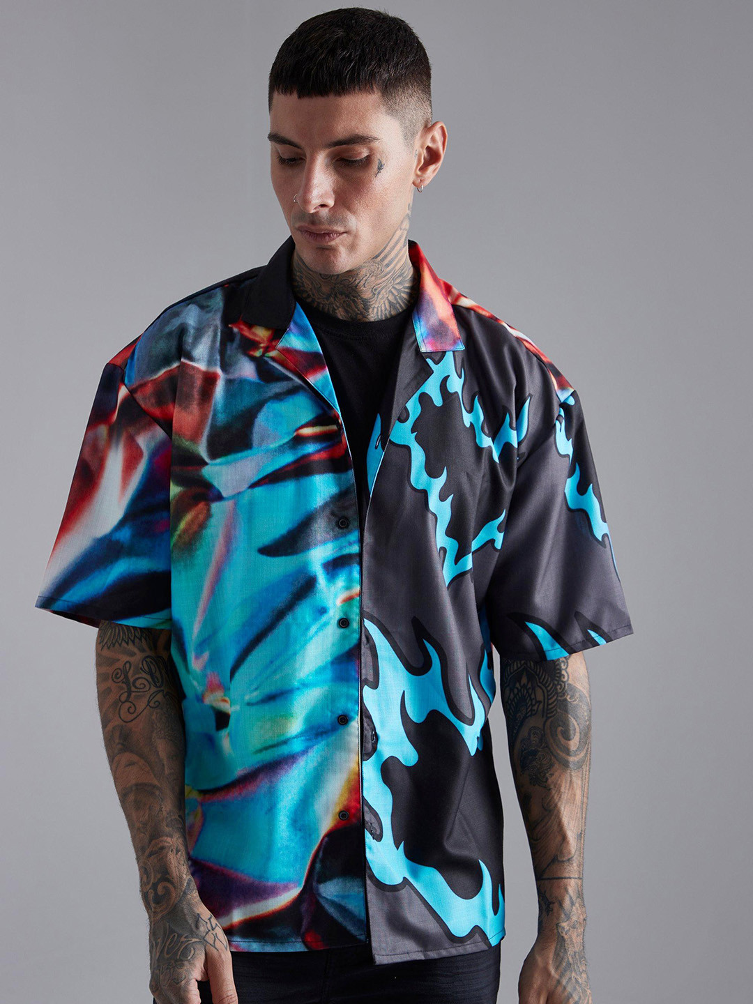 

boohooMAN Oversized Printed Casual Shirt, Blue