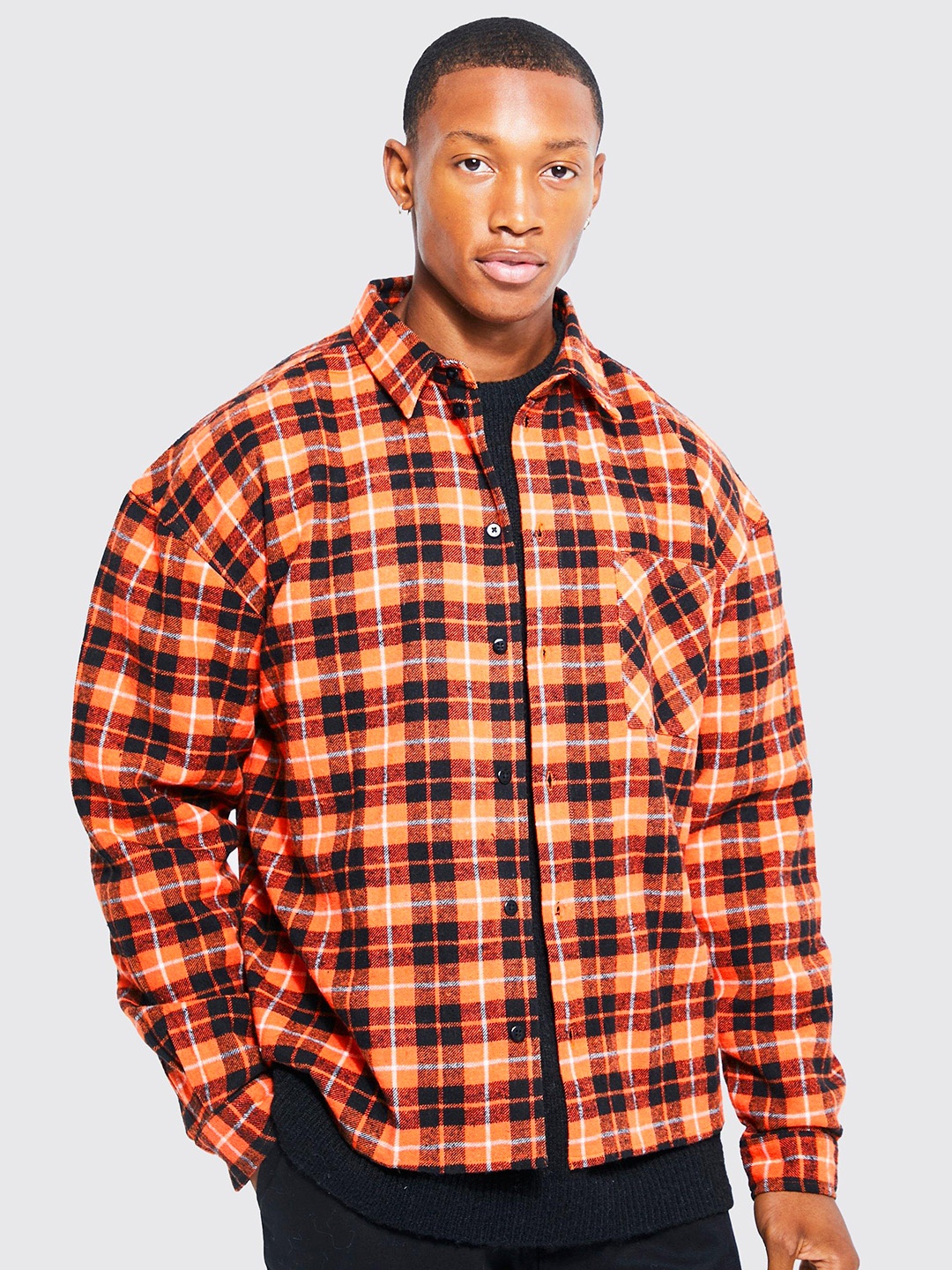 

boohooMAN Boxy Tartan Checked Cotton Shacket, Orange