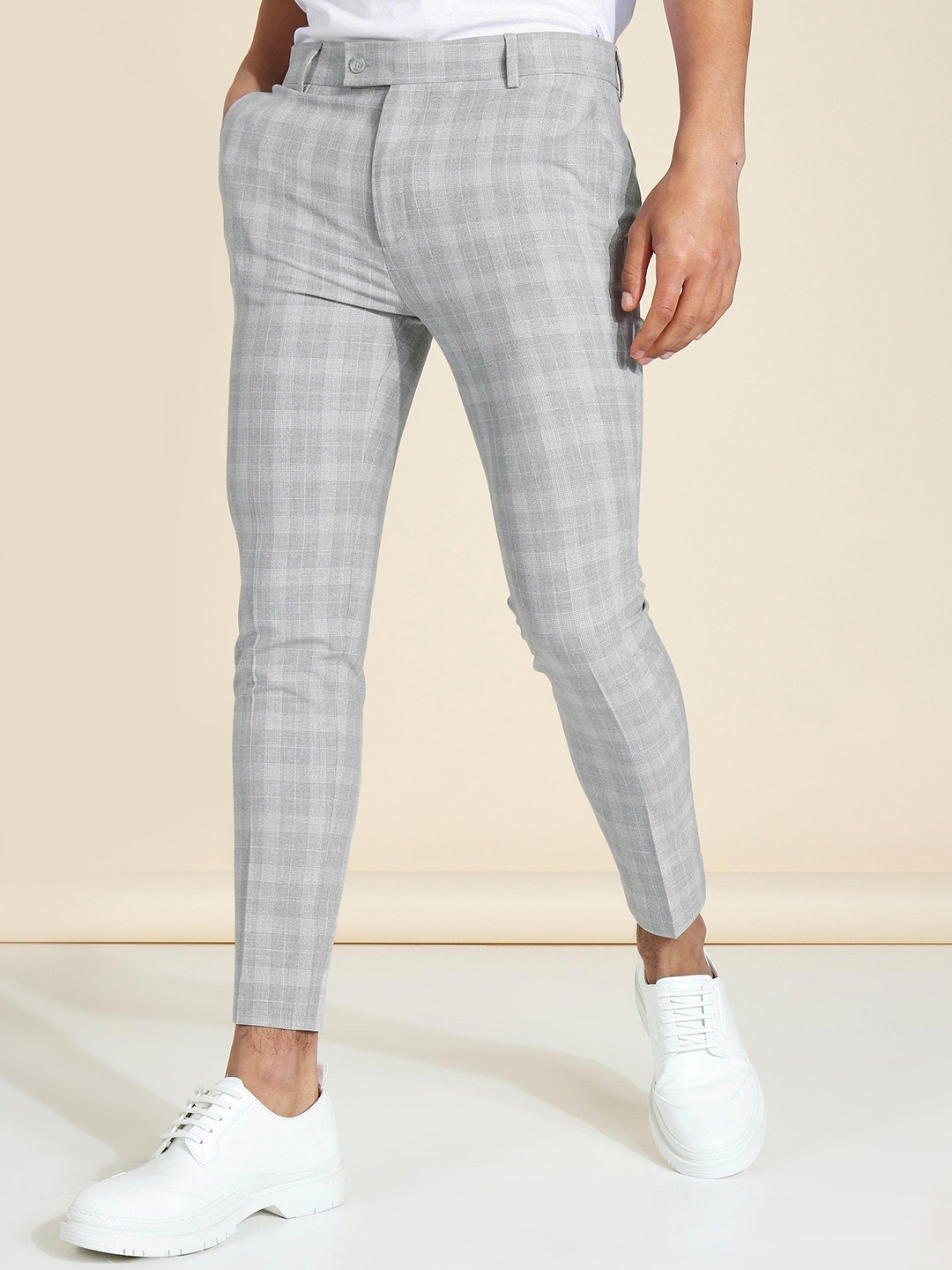 

boohooMAN Cropped Checked Skinny Fit Smart Casual Trousers, Grey