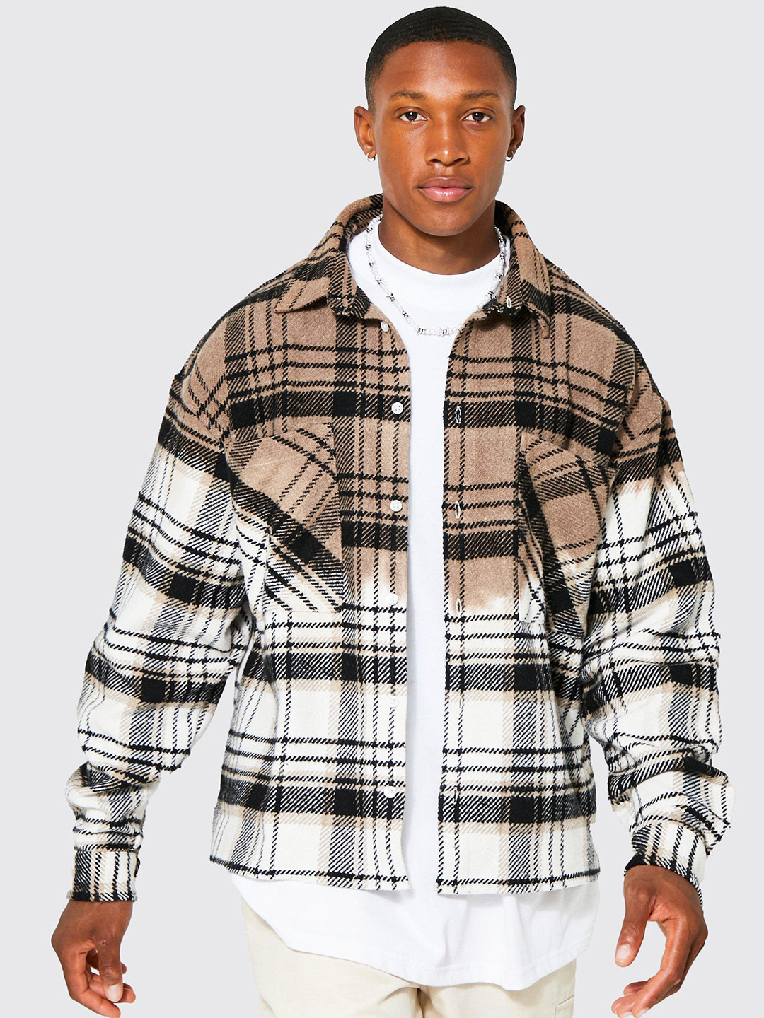 

boohooMAN Checked Boxy Fit Shacket, White