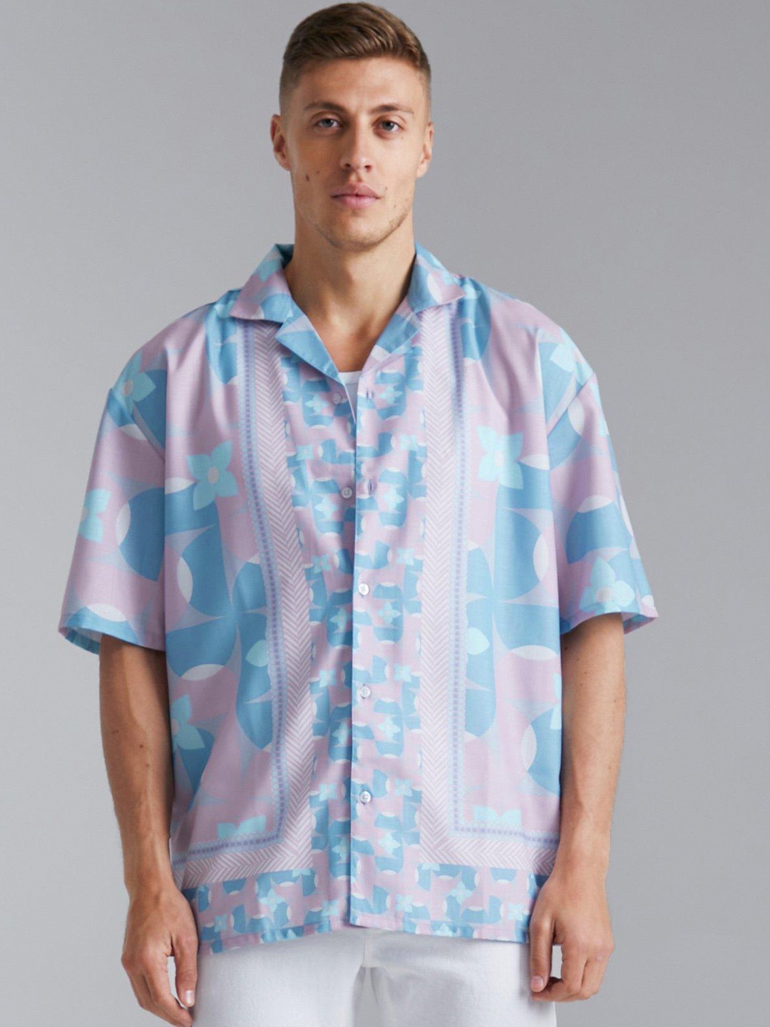 

boohooMAN Boxy Oversized Printed Casual Shirt, Blue