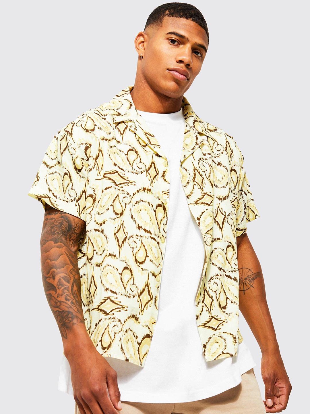 

boohooMAN Boxy Paisley Printed Casual Shirt, Cream