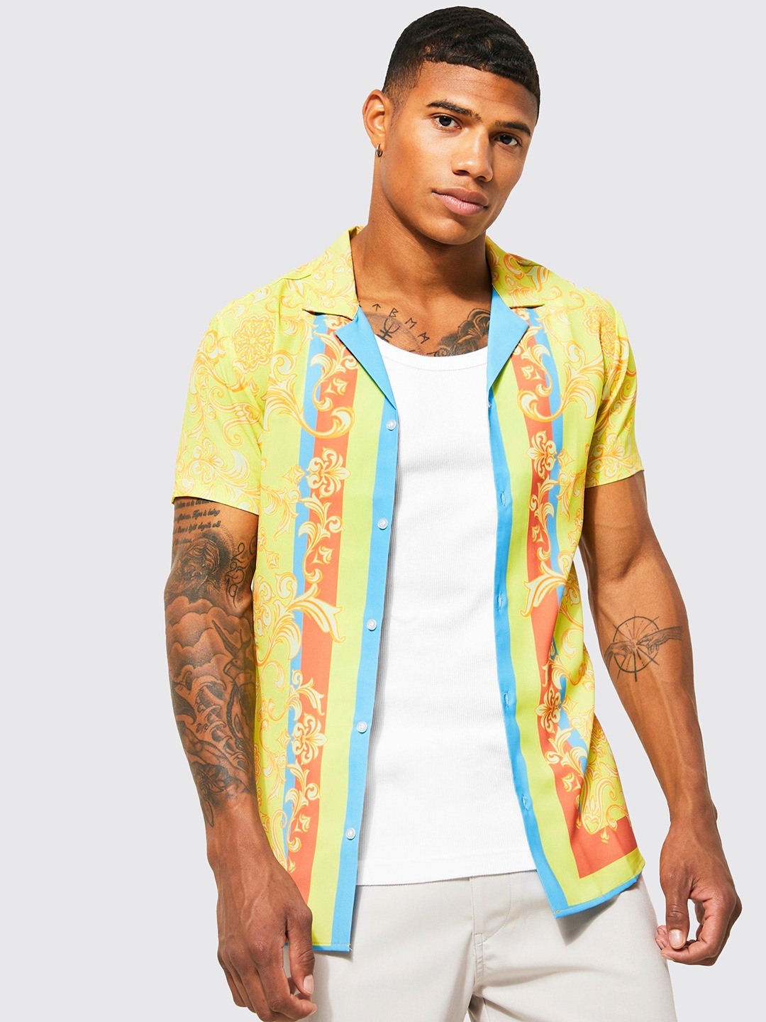 

boohooMAN Printed Casual Shirt, Yellow
