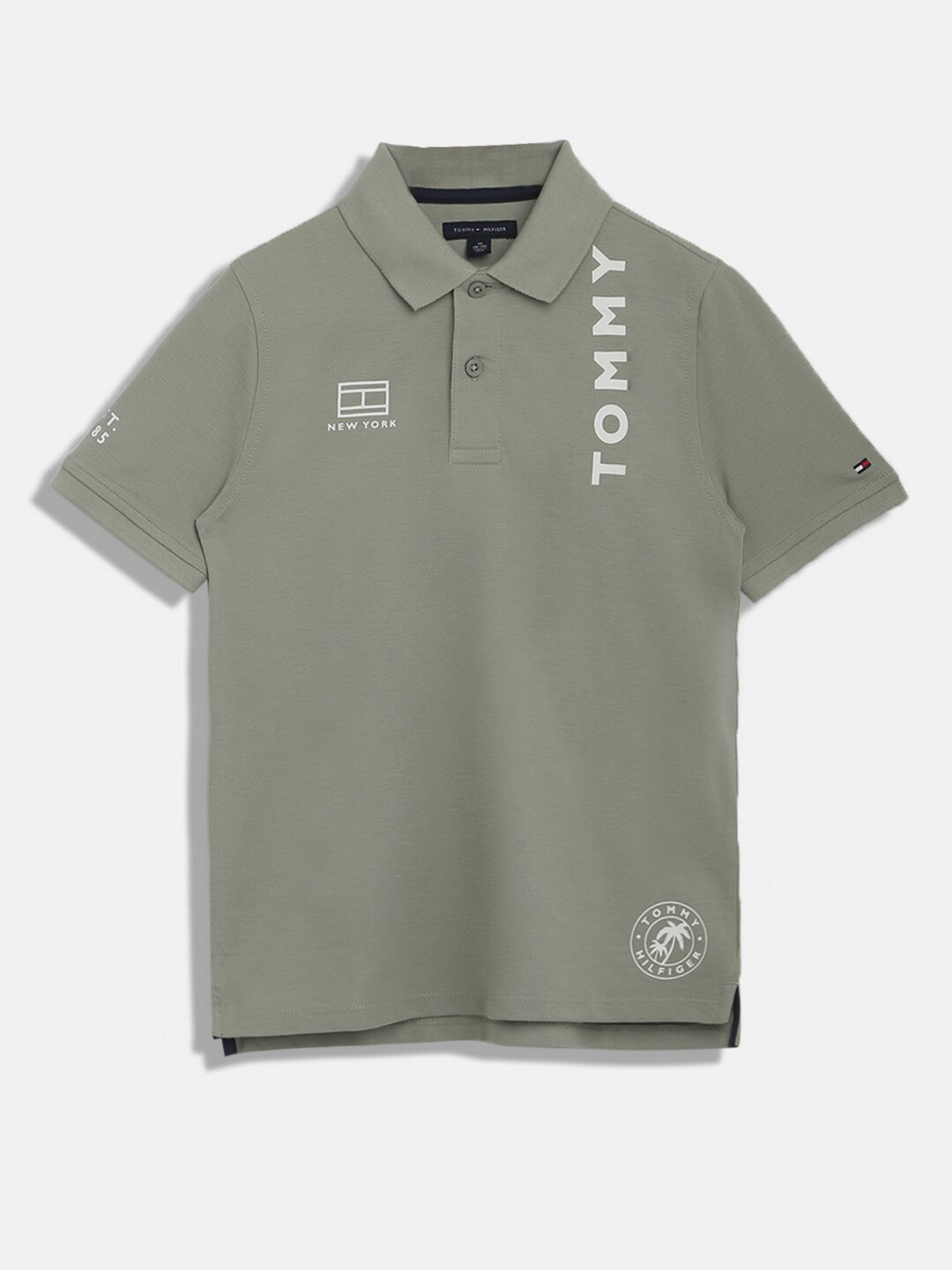 

Tommy Hilfiger Boys Typography Printed Polo Collar Cotton T-shirt, Olive