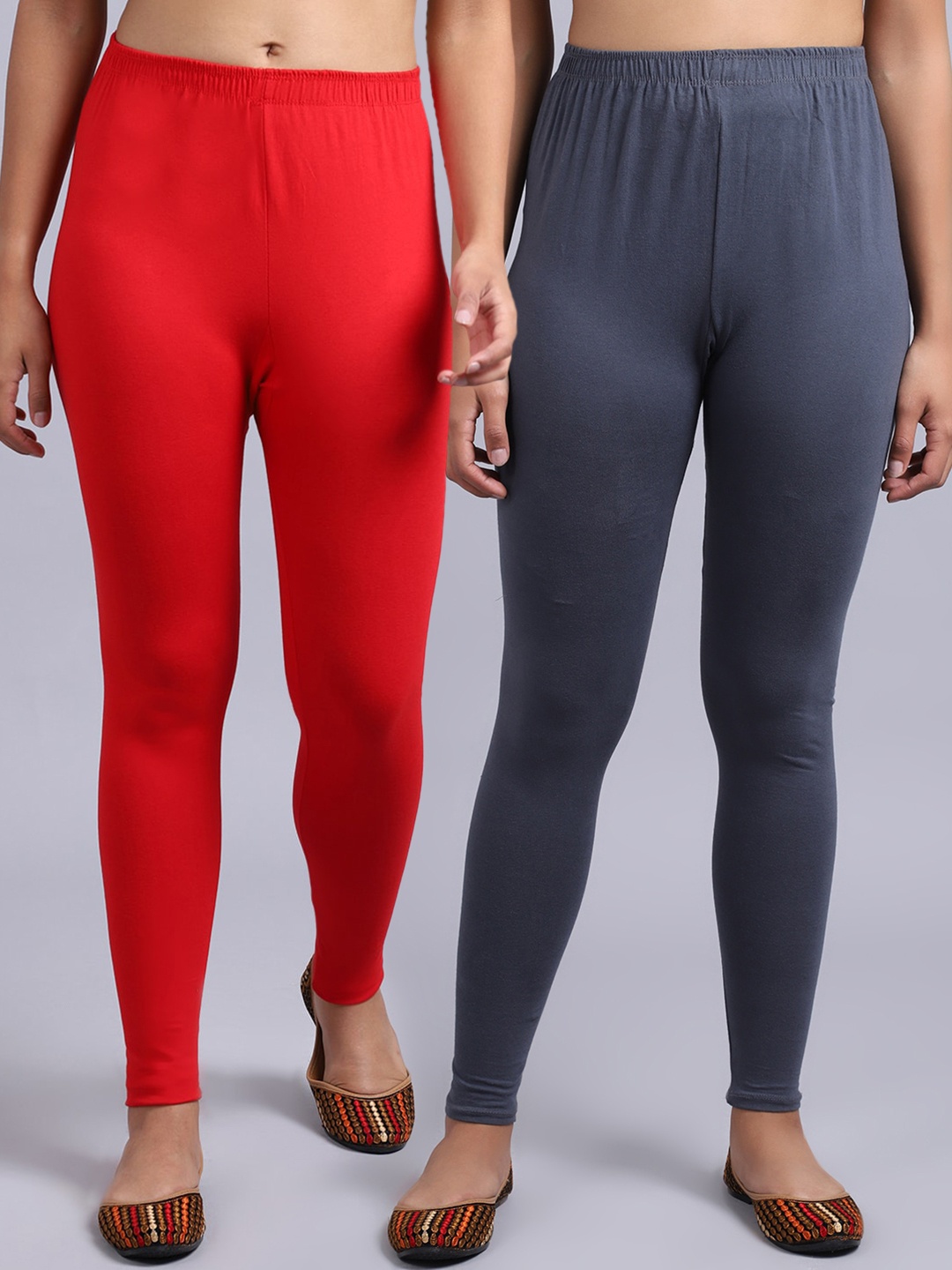 

GRACIT Pack Of 2 Cotton Lycra Ankle-Length Leggings, Red