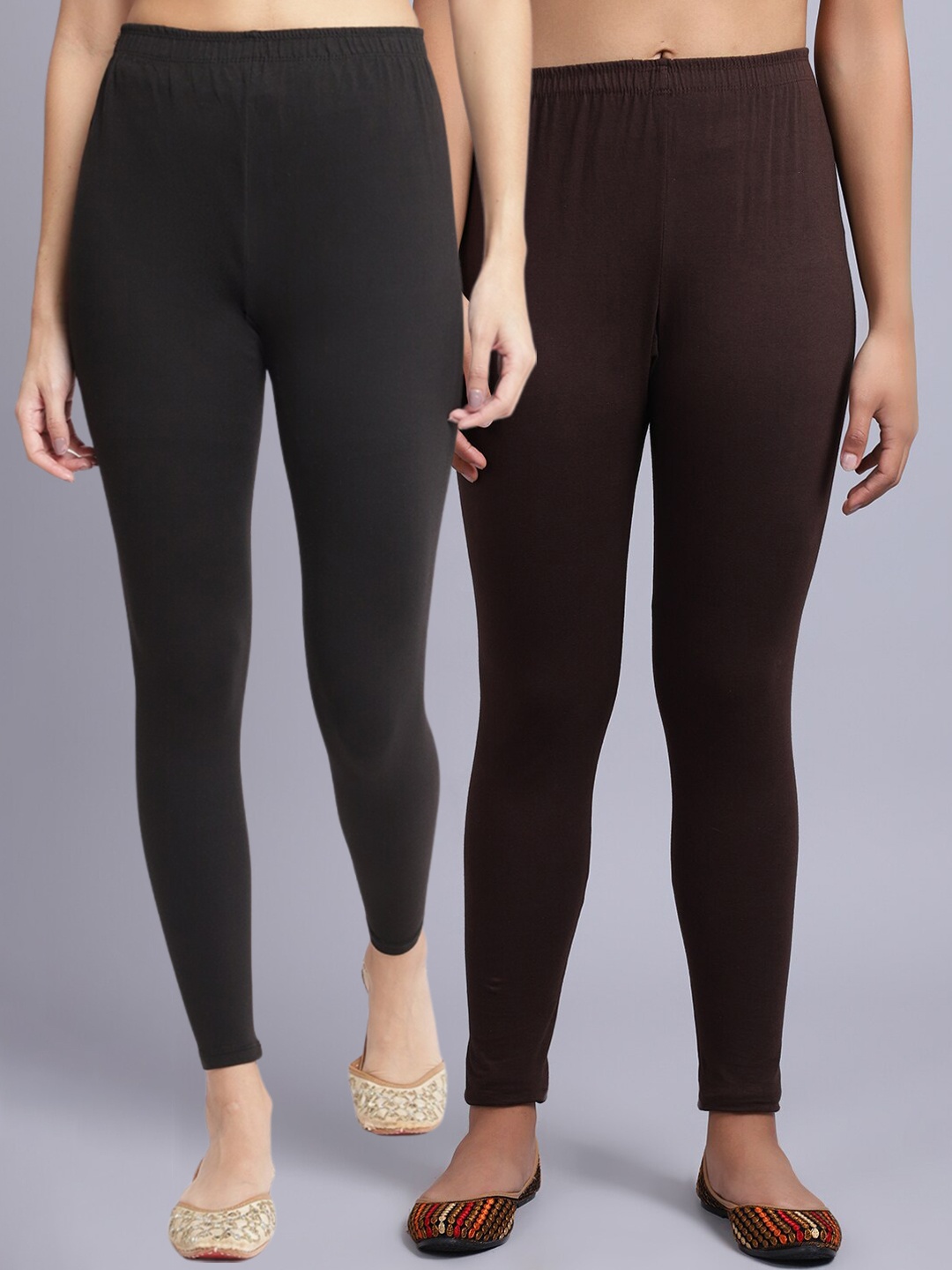 

GRACIT Pack Of 2 Cotton Lycra Ankle-Length Comfort-Fit Leggings, Black