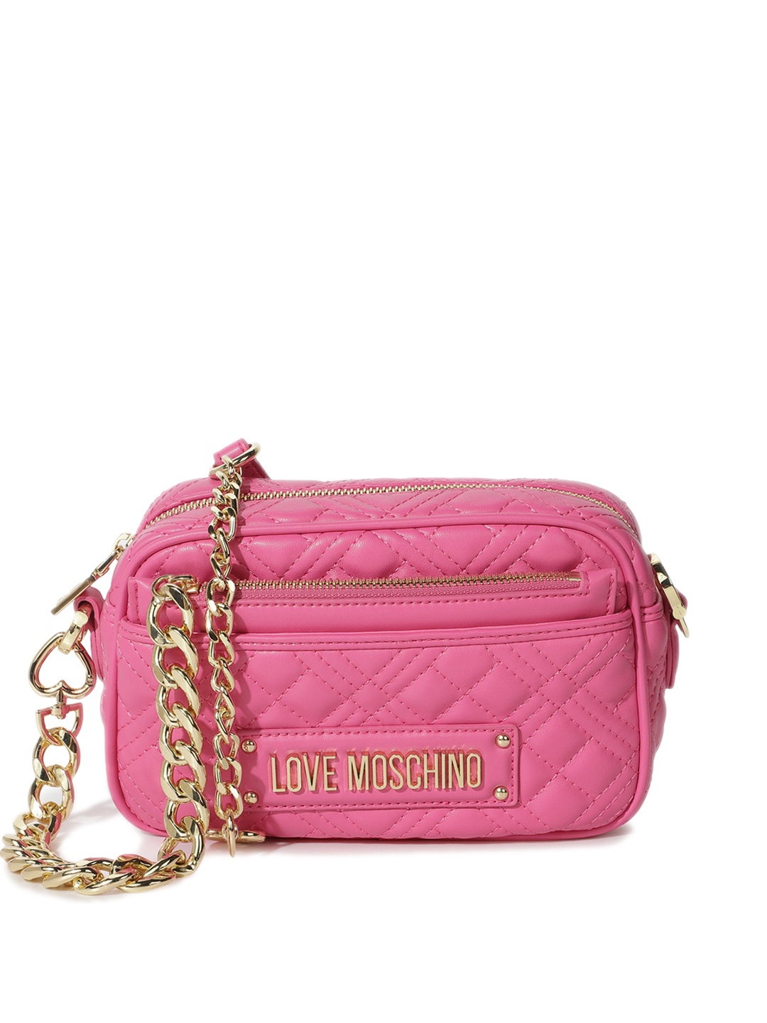 

LOVE MOSCHINO Textured PU Structured Sling Bag with Quilted, Pink