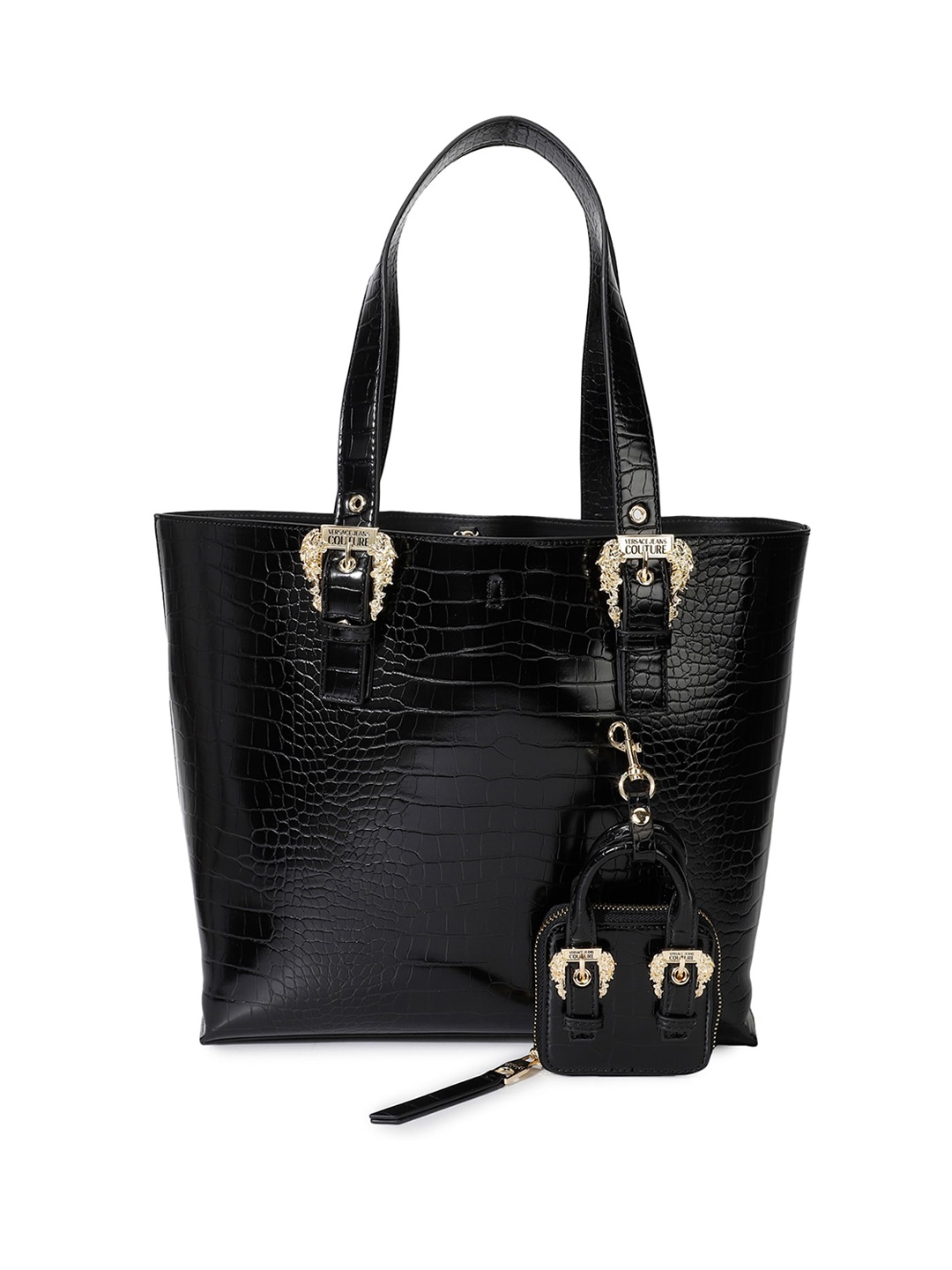 

Versace Jeans Couture Black Animal Textured Leather Shopper Handheld Bag with Cut Work