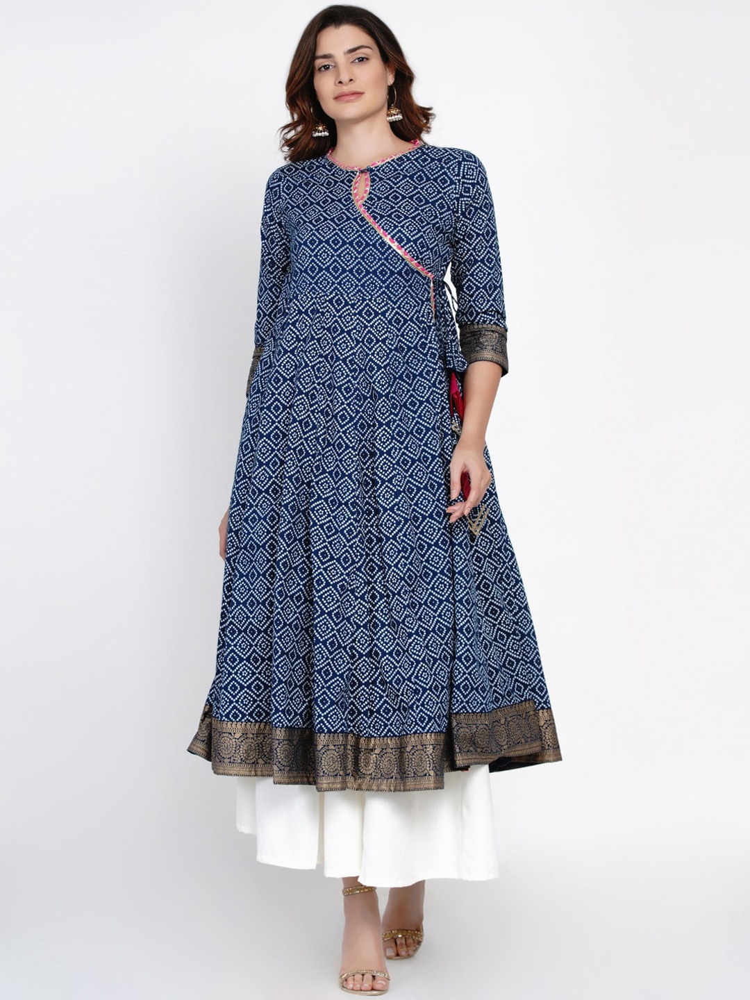 

Bhama Couture Ethnic Motifs Printed Keyhole Neck Khadi Anarkali Kurta, Navy blue