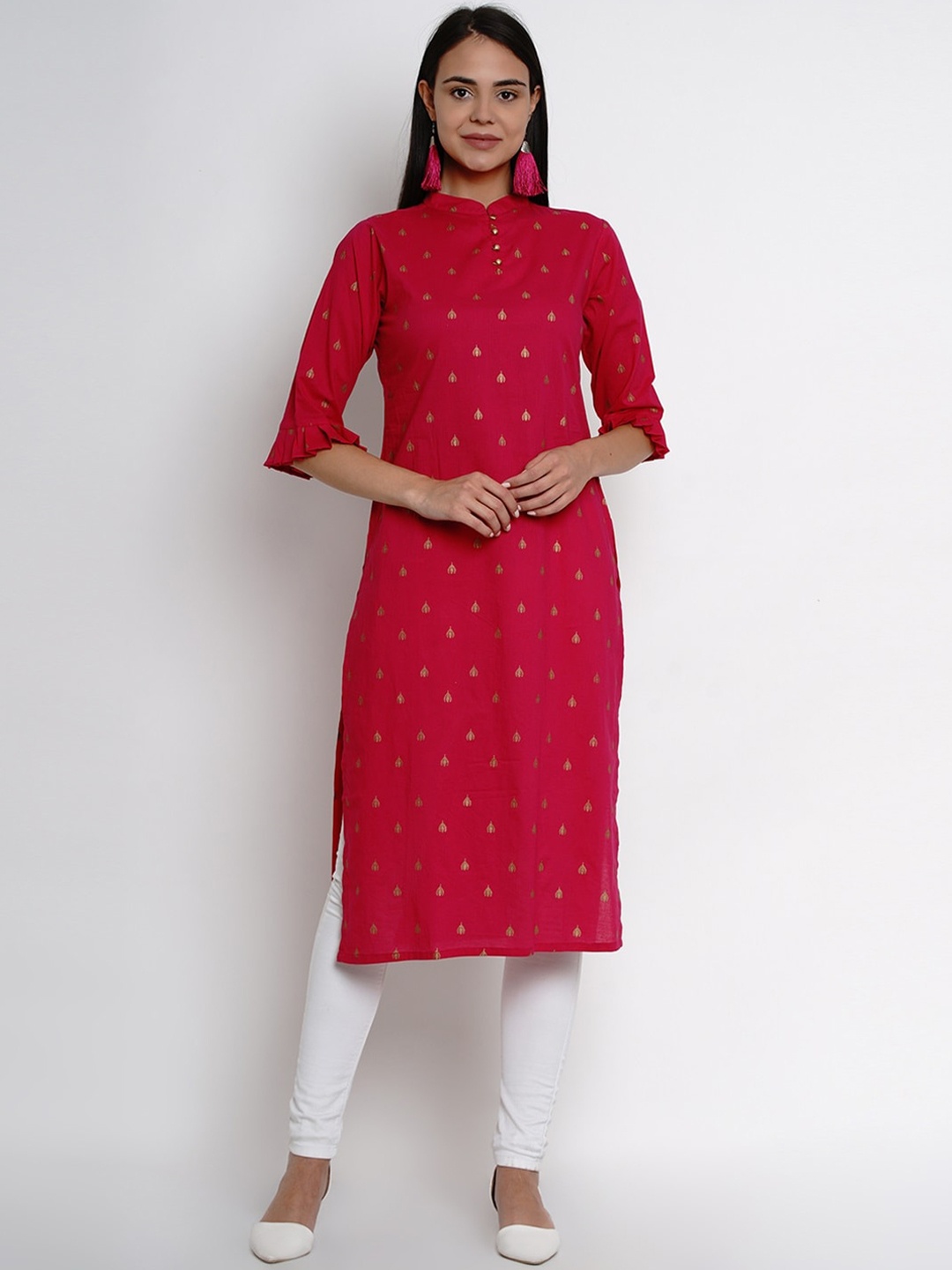 

Bhama Couture Ethnic Printed Mandarin Collar Kurta, Fuchsia
