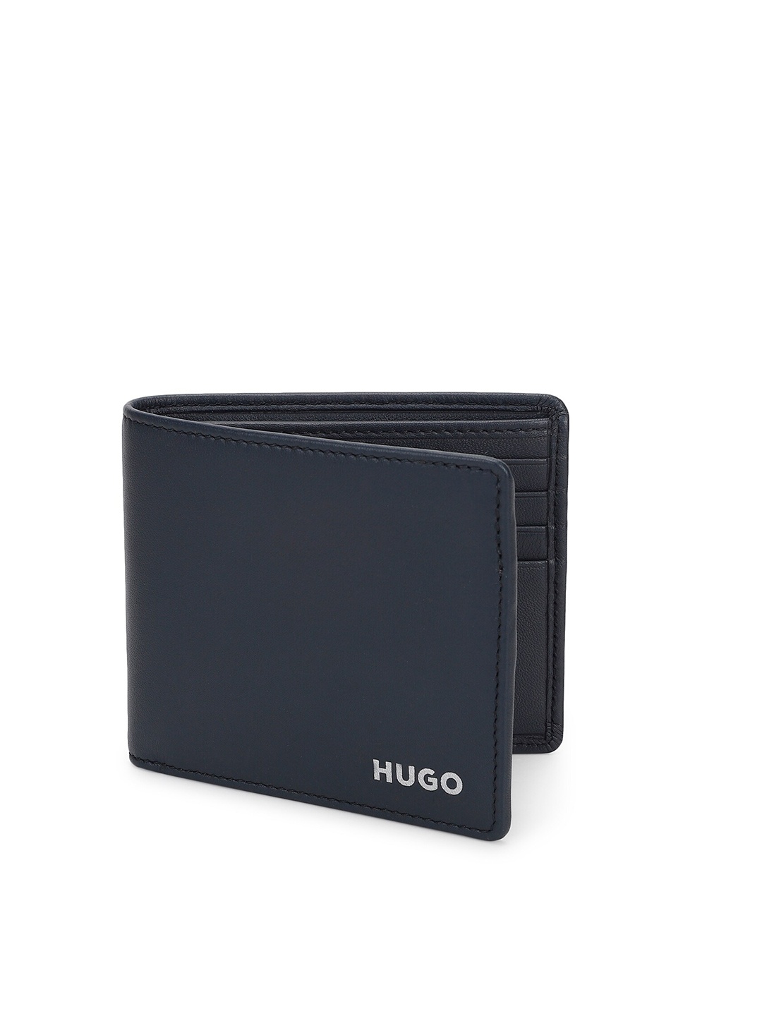 

HUGO Men Navy Blue & White Printed Leather Two Fold Wallet