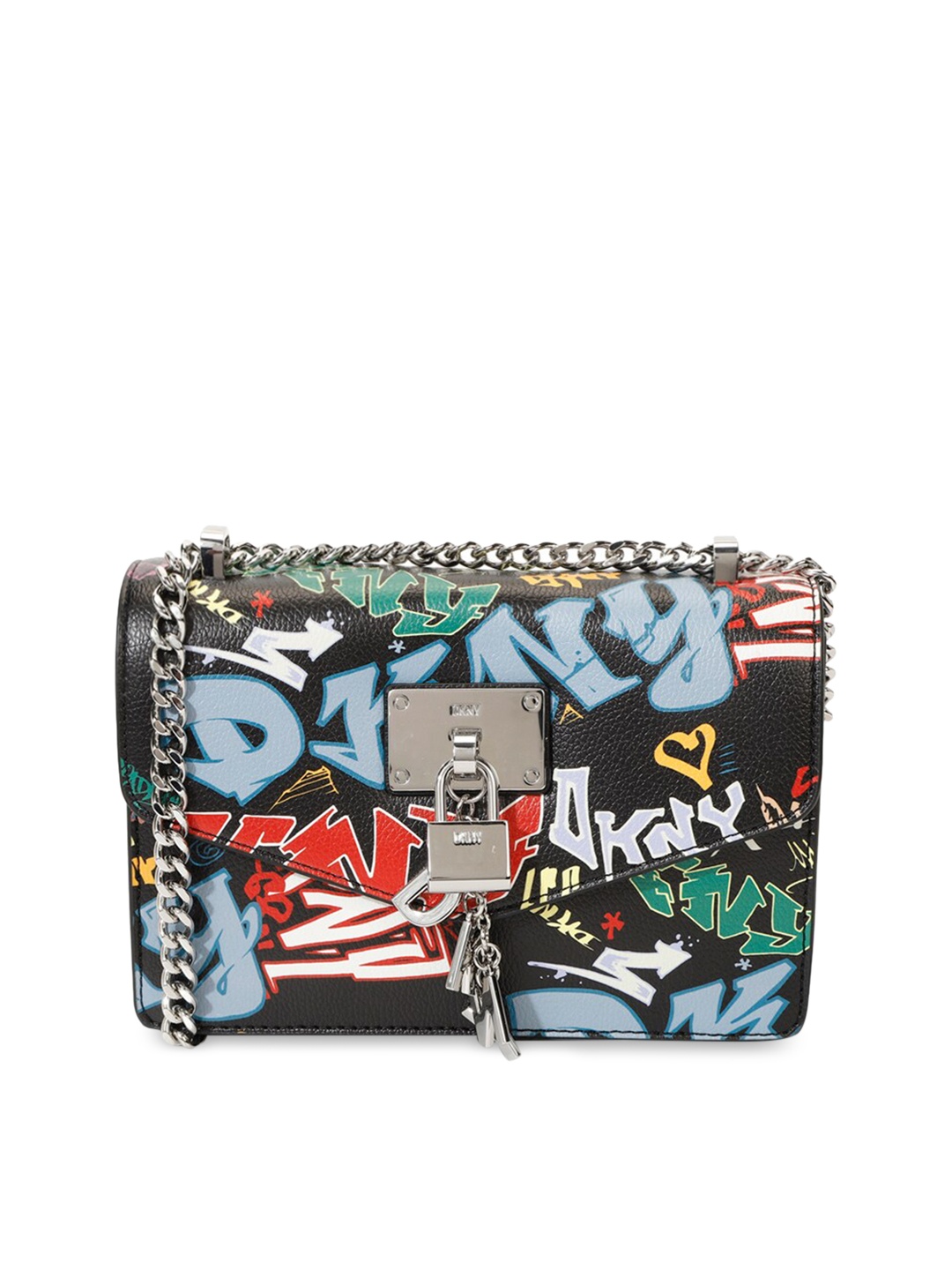 

DKNY Non-Detachable Graphic Printed Leather Structured Sling Bag, Black