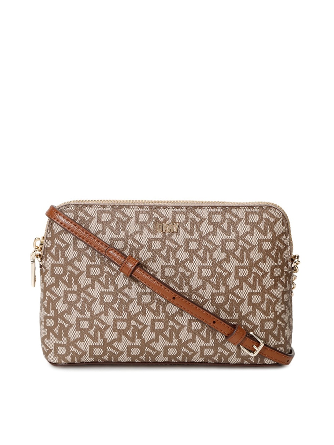 

DKNY Brand Name Printed Leather Structured Sling Bag, Brown