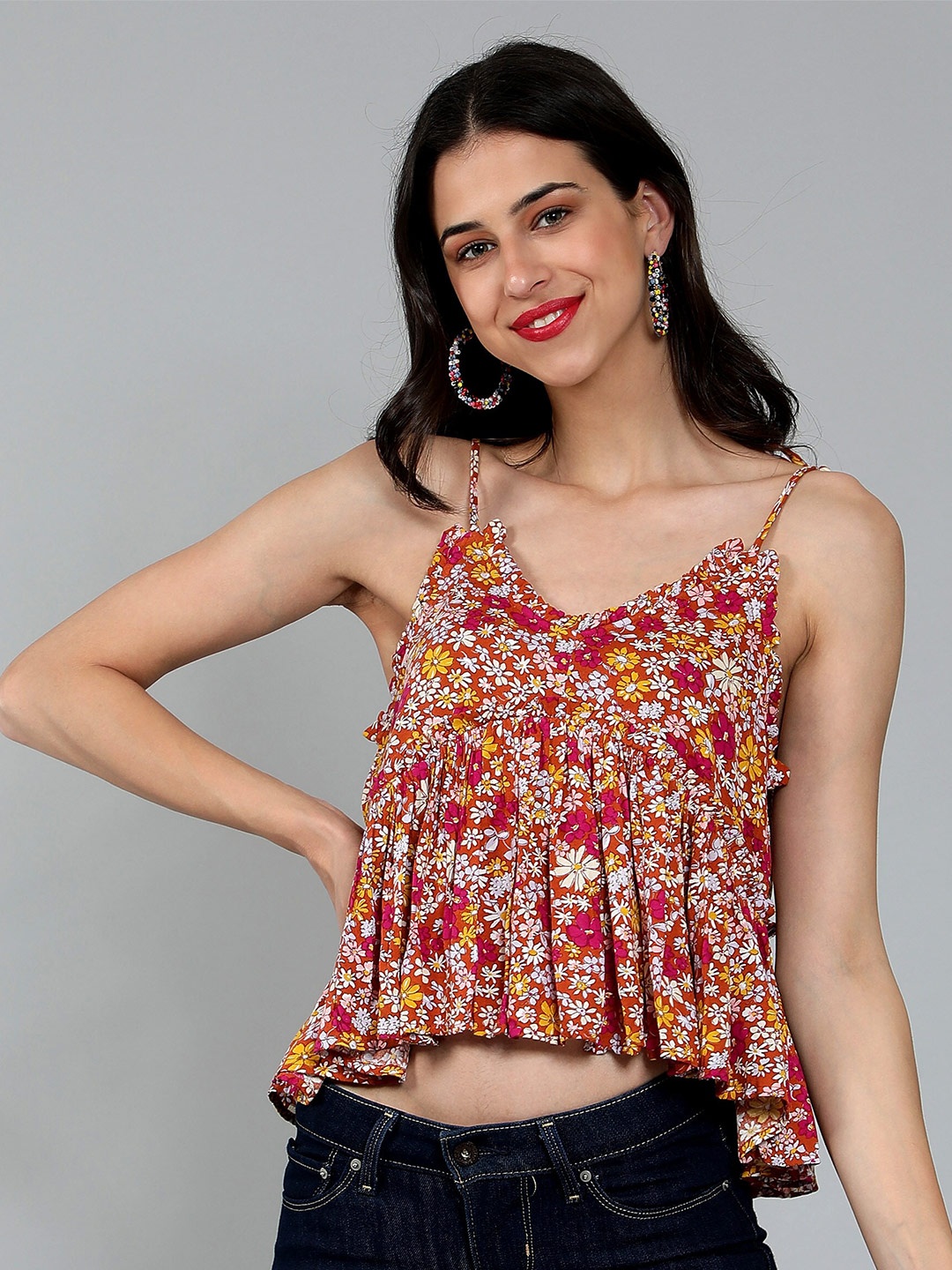 

DEBONATELLA Floral Printed Crepe Crop Top, Red