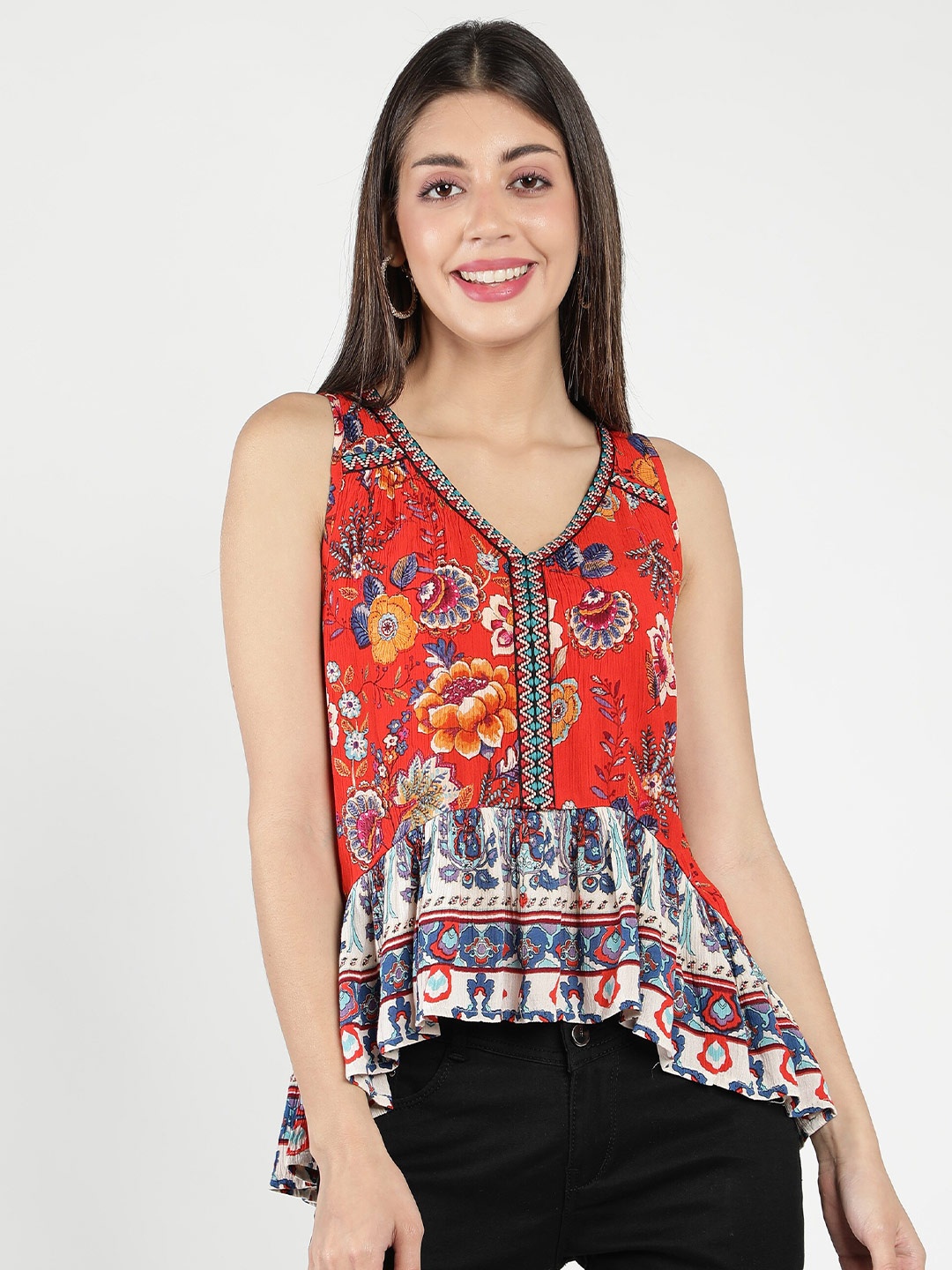 

DEBONATELLA Floral Printed Pleated Crepe High-Low Top, Red