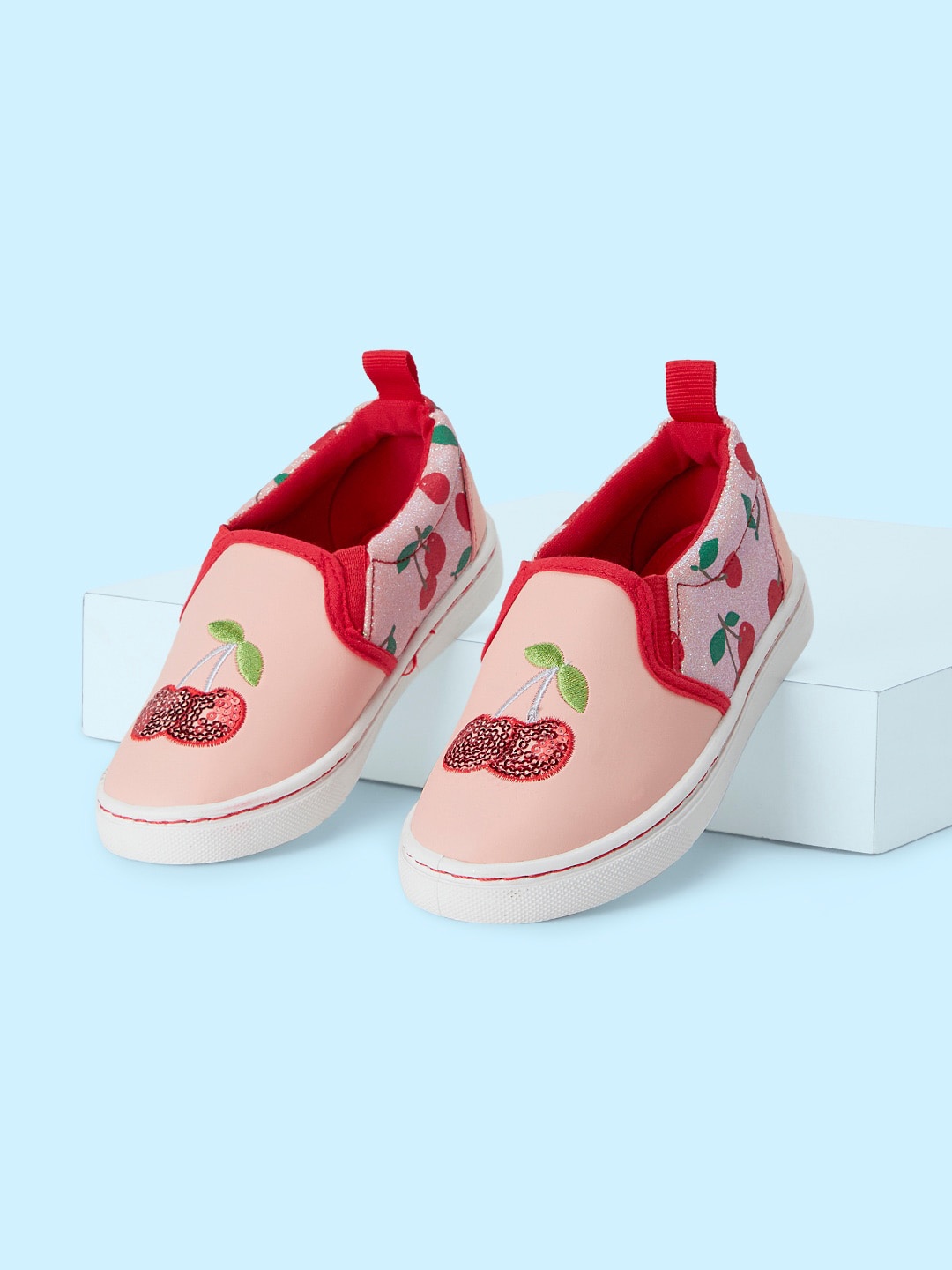 Pantaloons Junior Girls Printed Embellished Slip On Sneakers, Coral