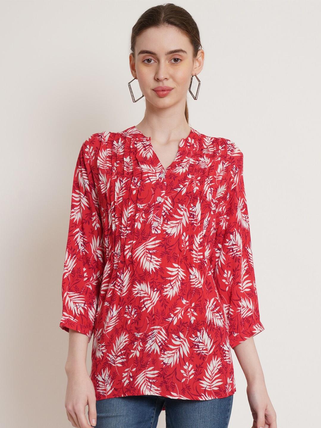 

IX IMPRESSION Floral Printed Pintuck Mandarin Collar Top, Red