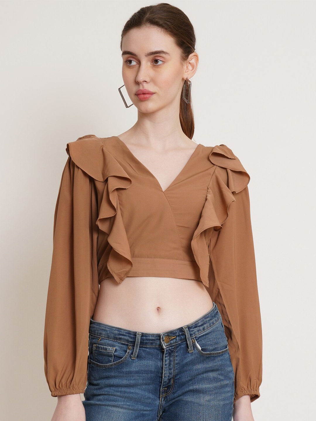

IX IMPRESSION Ruffles Wrap Crop Top, Brown