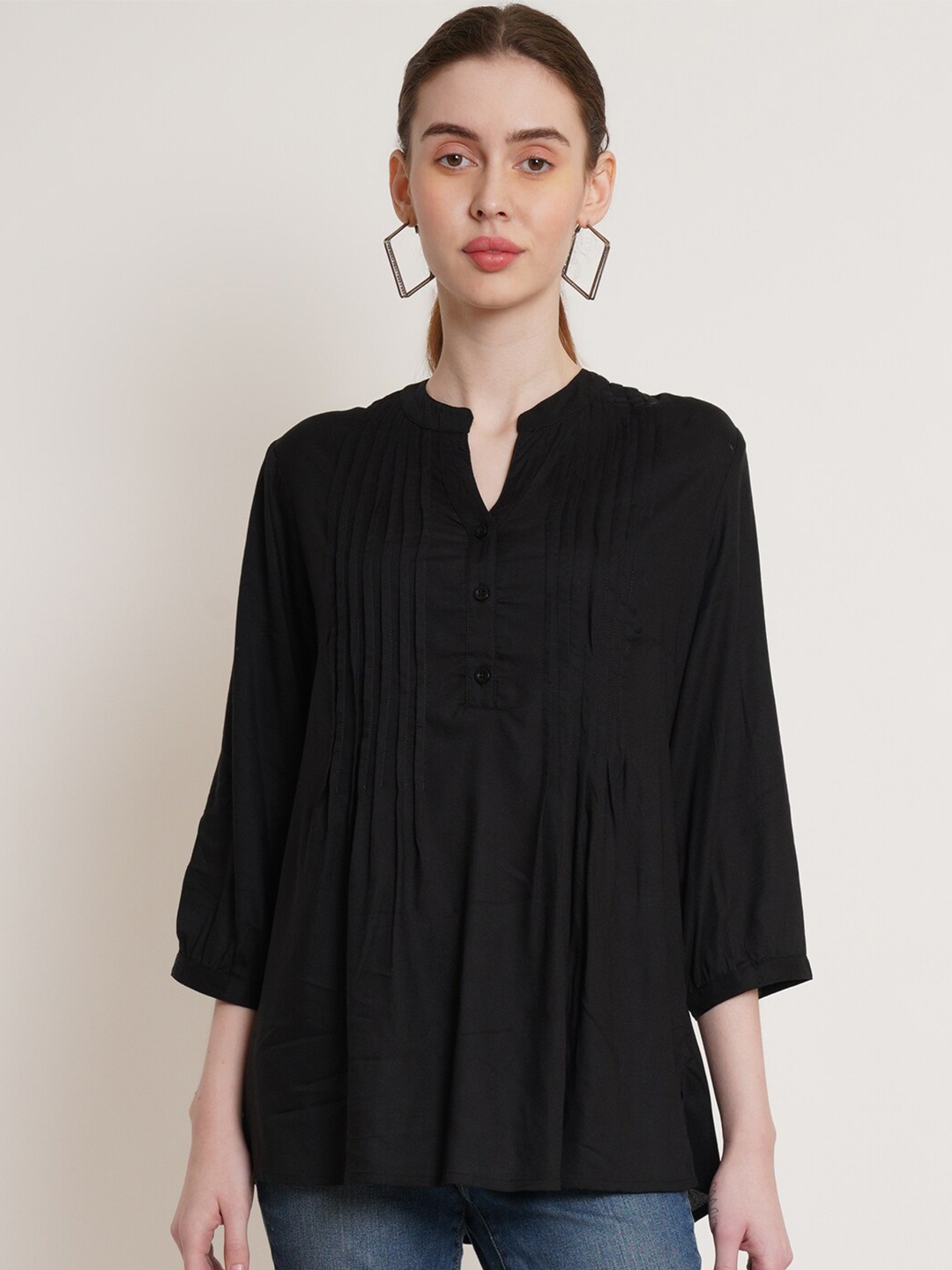 

IX IMPRESSION Pintuck Mandarin Collar A-Line Top, Black