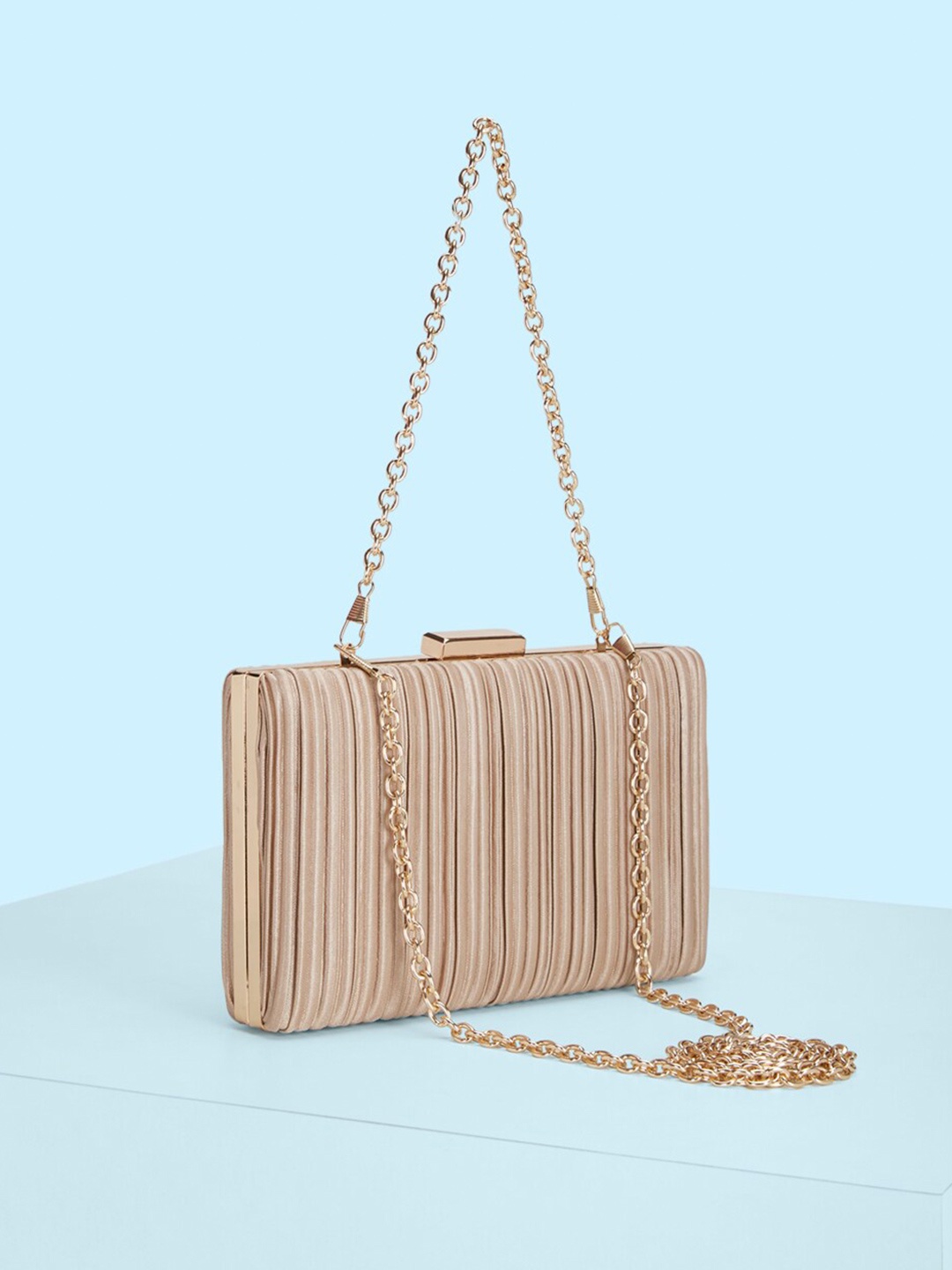 

Forever Glam by Pantaloons Women Striped Fabric Box Clutch, Beige