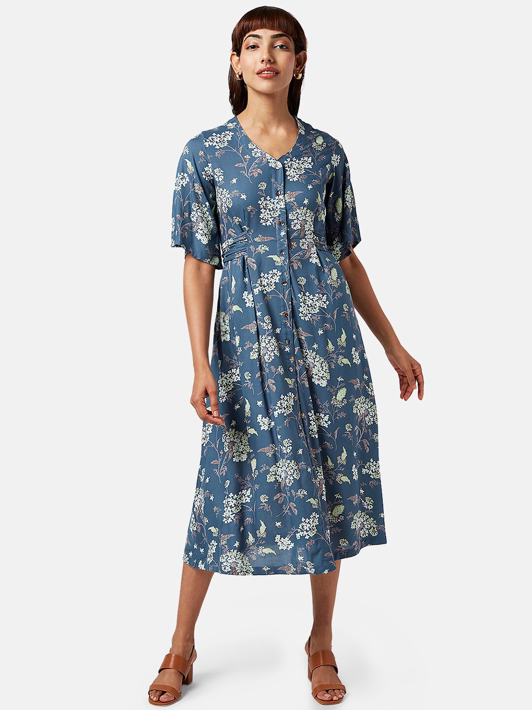 

AKKRITI BY PANTALOONS Tie-Up V-Neck Floral Printed Fit & Flare Midi Dress, Teal