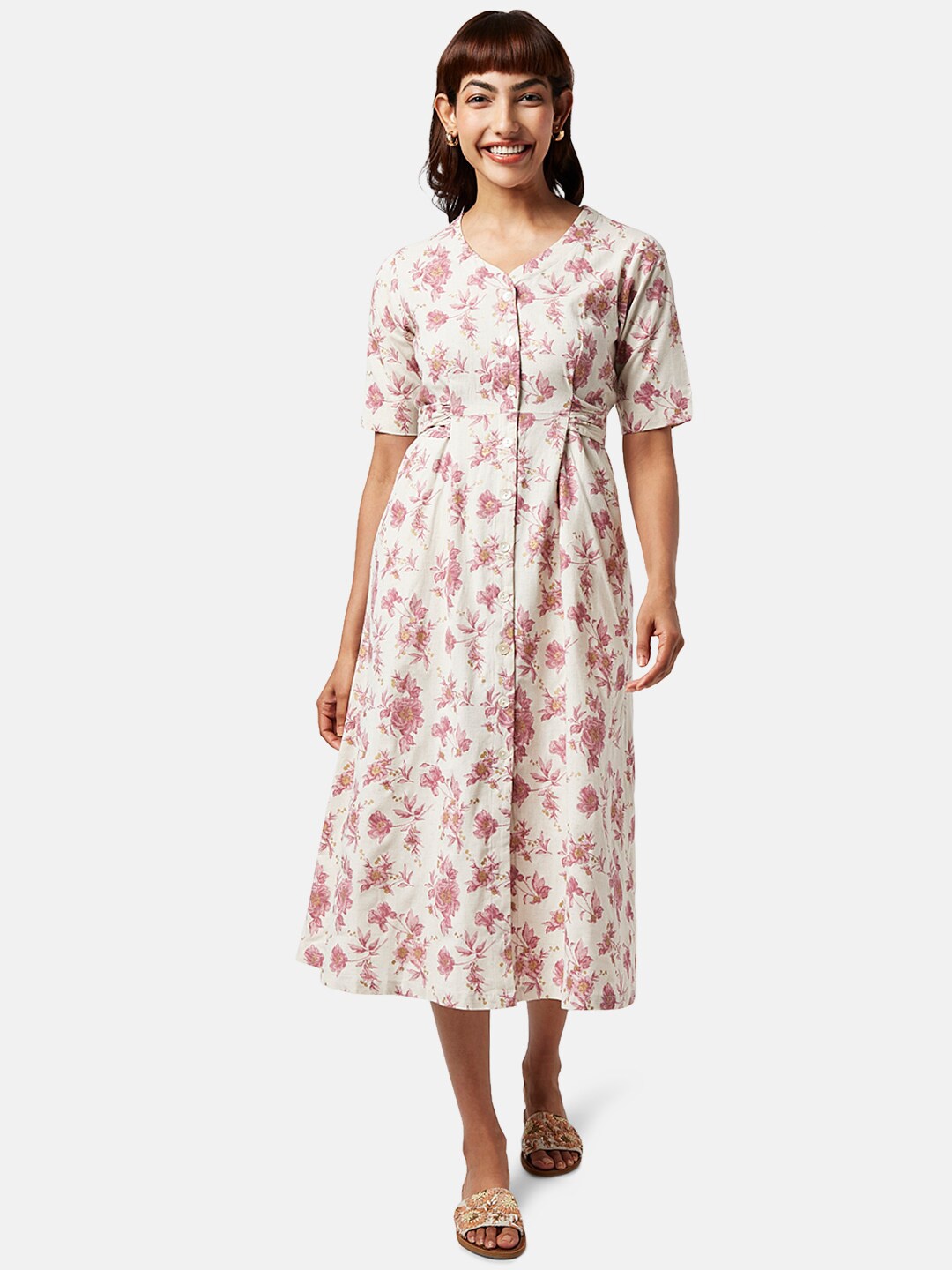 

AKKRITI BY PANTALOONS Tie-Up V-Neck Floral Printed Fit & Flare Midi Dress, Pink