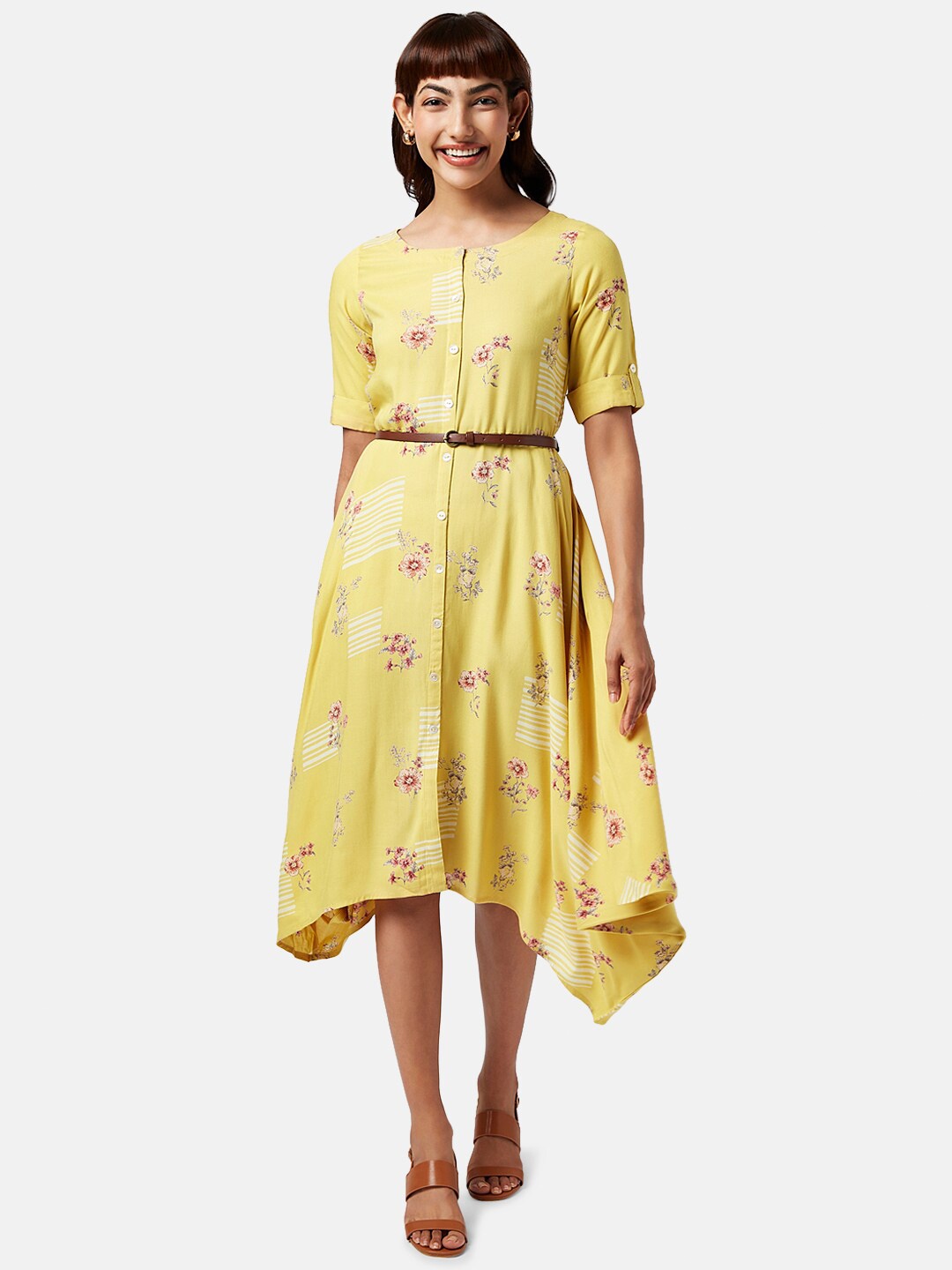 

AKKRITI BY PANTALOONS Floral Printed Belted Asymmetric Midi A-Line Dress, Mustard