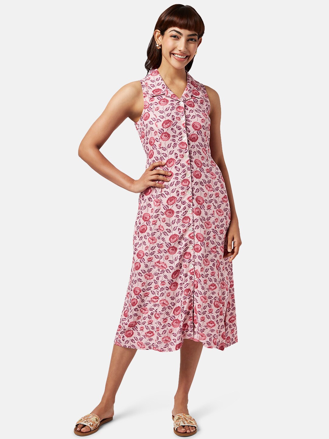 

AKKRITI BY PANTALOONS Floral Printed Shirt Midi Dress, Pink