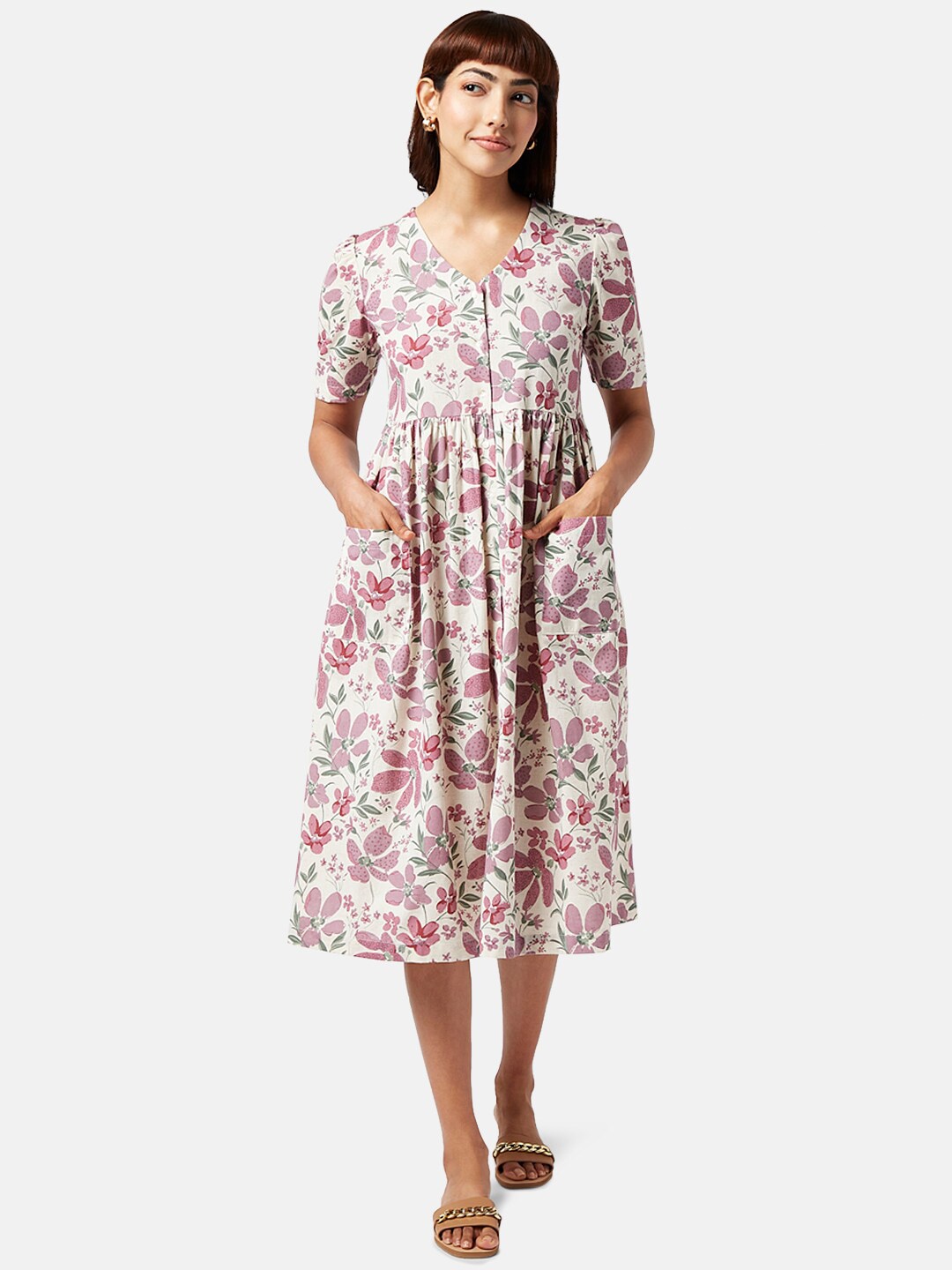

AKKRITI BY PANTALOONS V-Neck Floral Printed Fit & Flare Cotton Midi Dress, Mauve